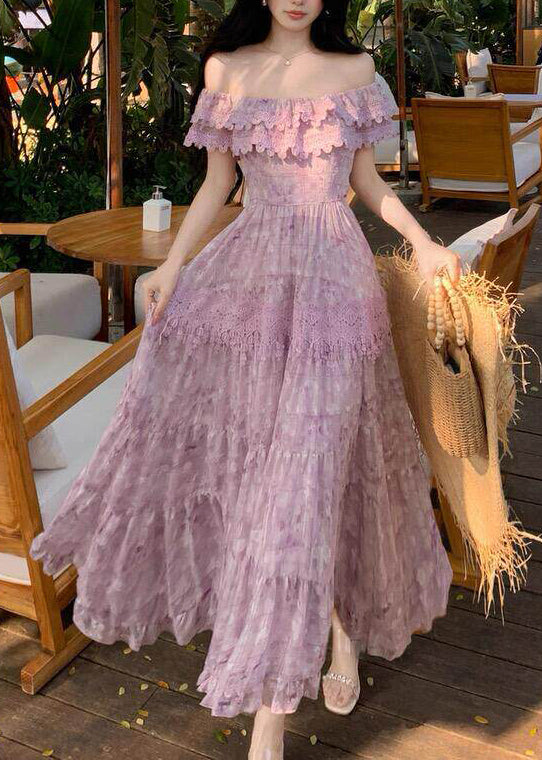 Boutique Purple Ruffled Patchwork Lace Strapless Dress Summer 4