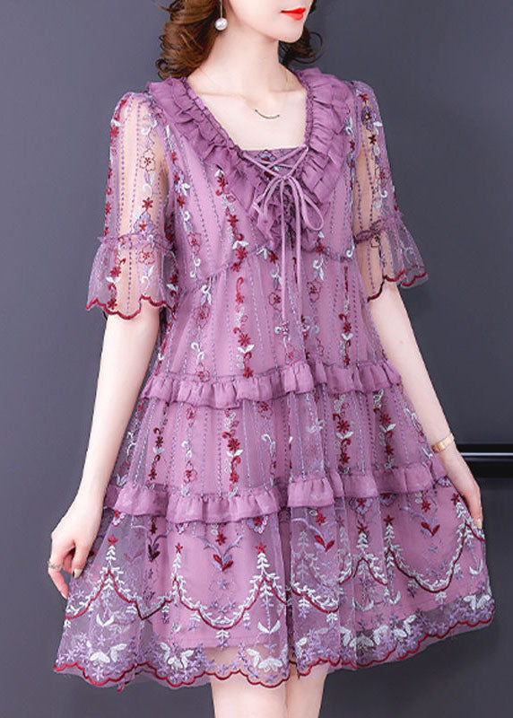 Mesh Floral Embroidered Round Neck Lace Up Tiered Ruffle Bell Sleeve Midi Dress