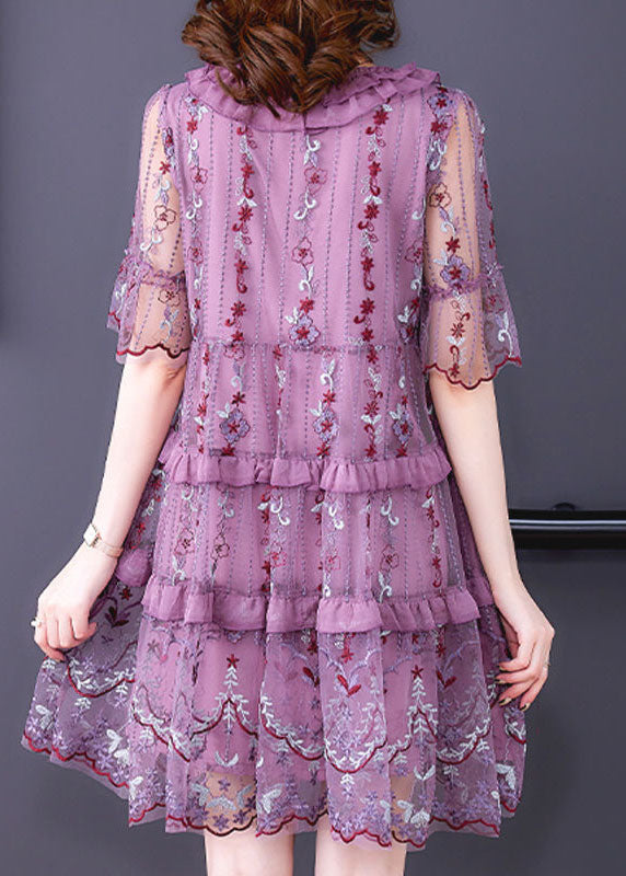 Mesh Floral Embroidered Round Neck Lace Up Tiered Ruffle Bell Sleeve Midi Dress