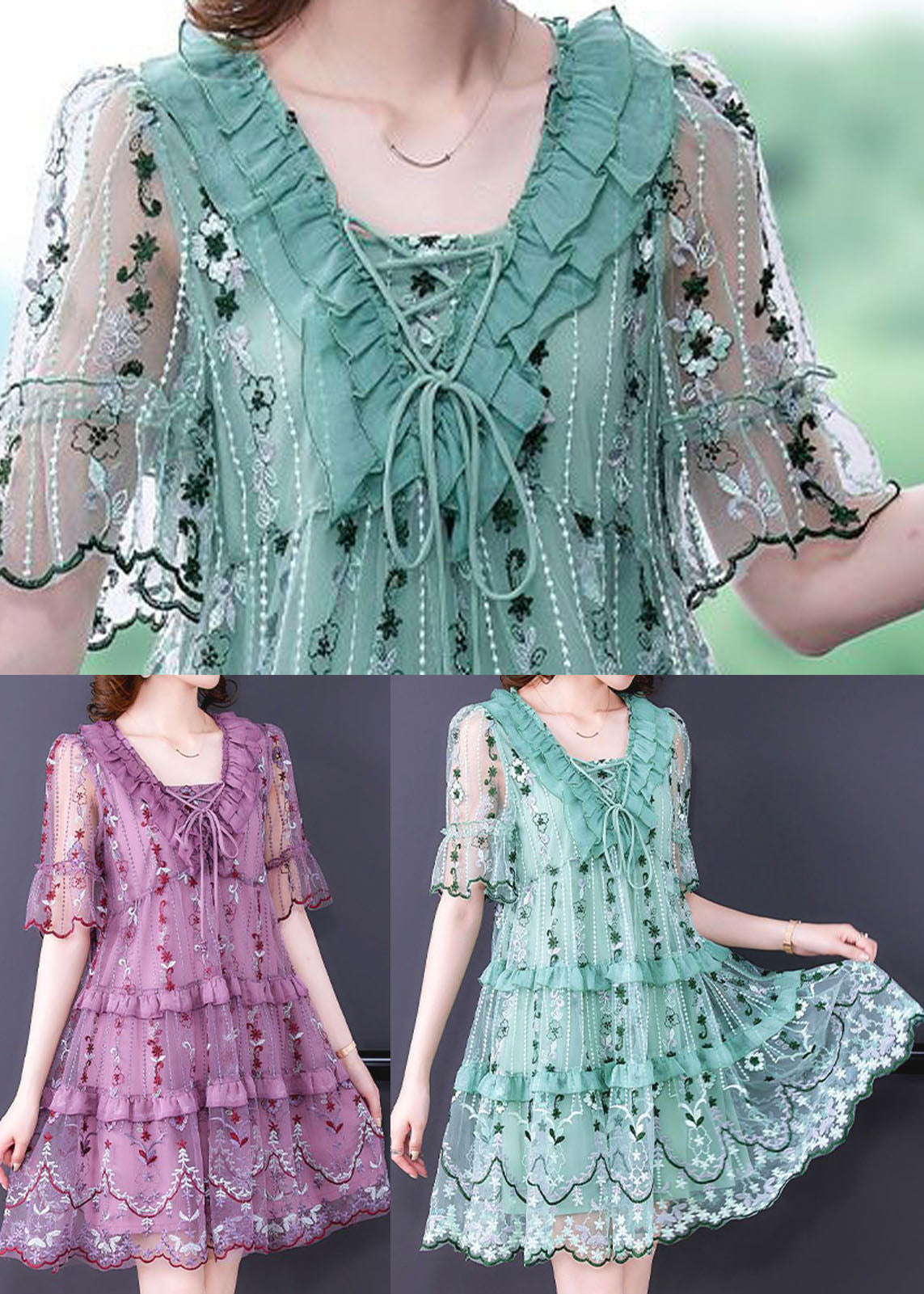 Mesh Floral Embroidered Round Neck Lace Up Tiered Ruffle Bell Sleeve Midi Dress