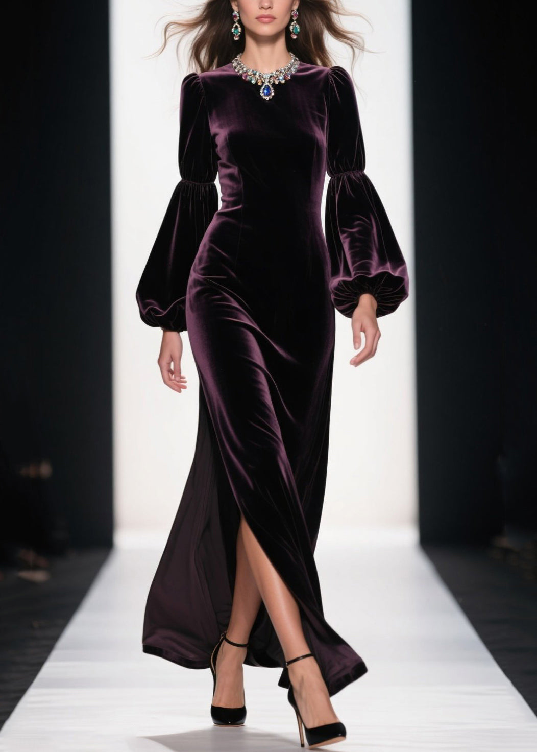 Velvet Jewel Neck Bishop Sleeve High Split Floor Length Gown