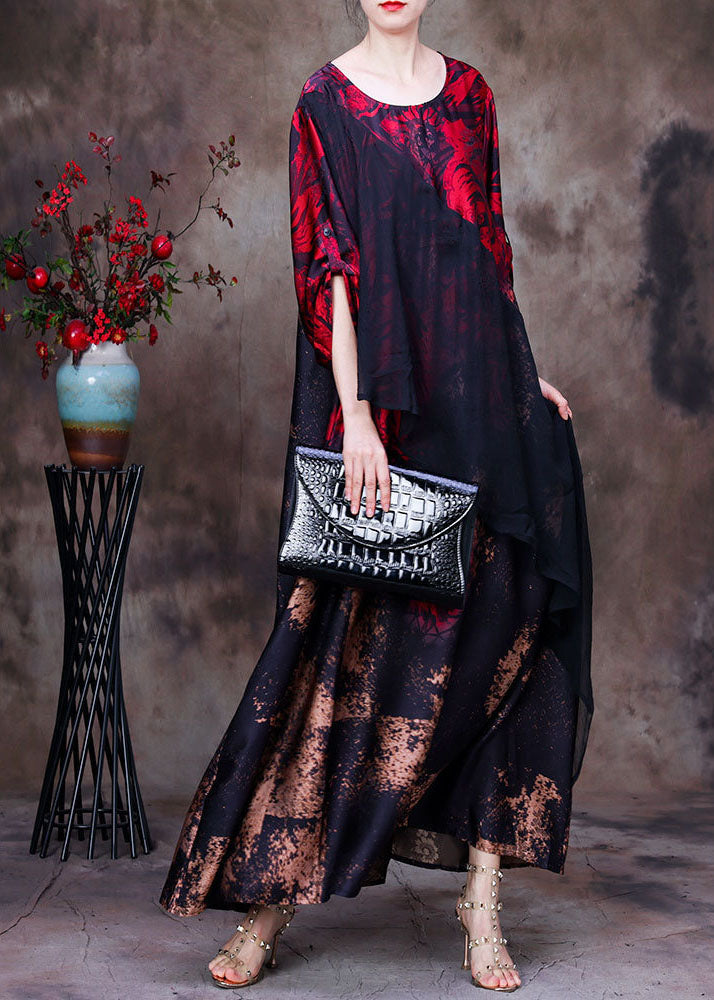 Floral Print Asymmetrical Sheer Overlay Three Quarter Batwing Sleeve Oversized Maxi Gown