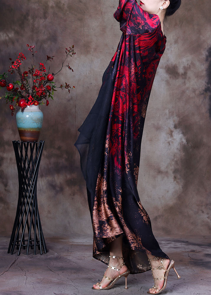 Floral Print Asymmetrical Sheer Overlay Three Quarter Batwing Sleeve Oversized Maxi Gown