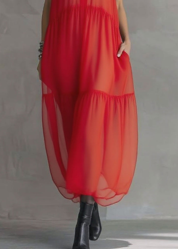 Boutique Red Ruffled Patchwork Chiffon Long Dress Sleeveless 4