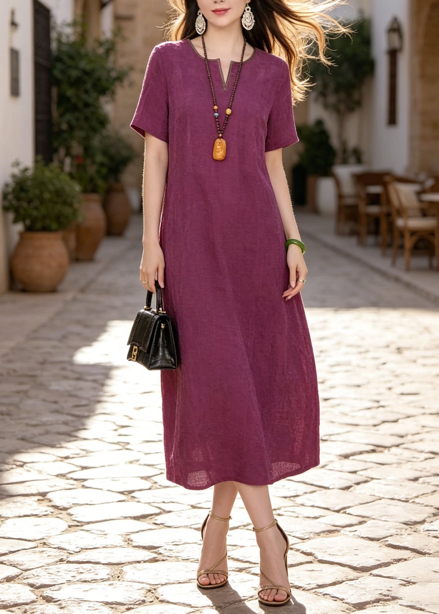 Textured Woven Split Neck Contrast Piping Short Sleeve Shift Midi Dress