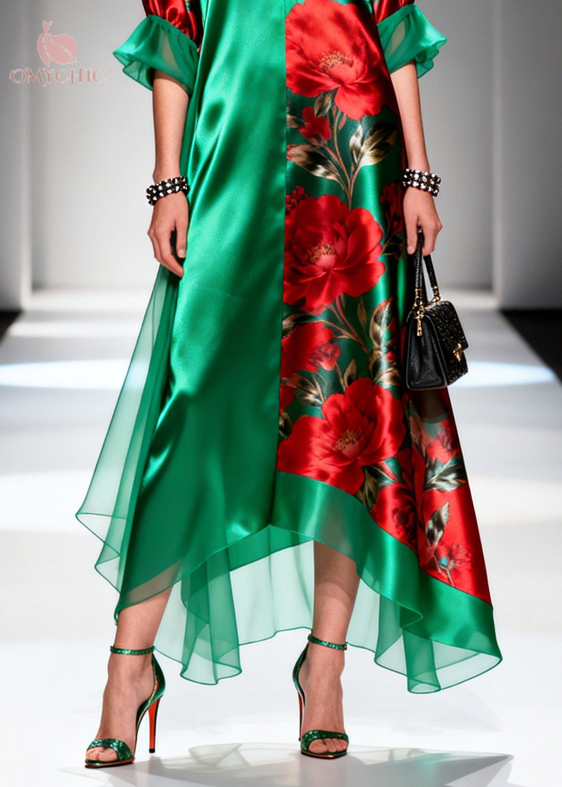 Satin Rose Print Panel Deep V-Neck Ruffle Cuff Asymmetric Chiffon Hem Maxi Dress