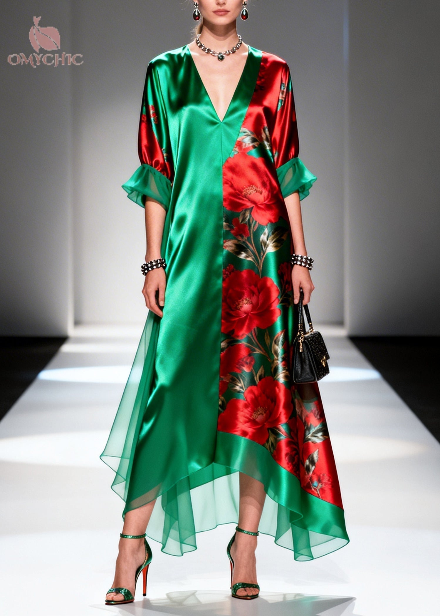 Satin Rose Print Panel Deep V-Neck Ruffle Cuff Asymmetric Chiffon Hem Maxi Dress