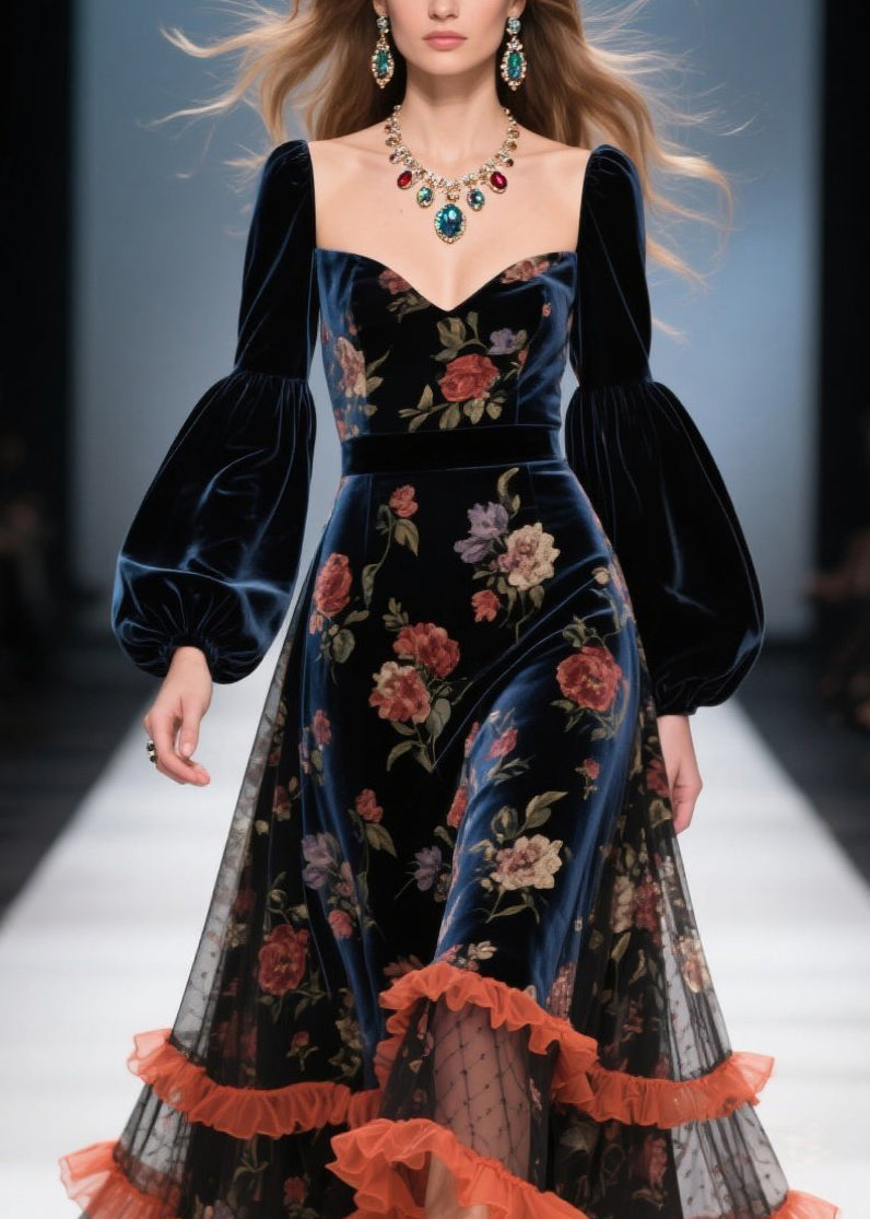 Boutique Tulle Ruffled Print Patchwork Velvet Dress Fall 2