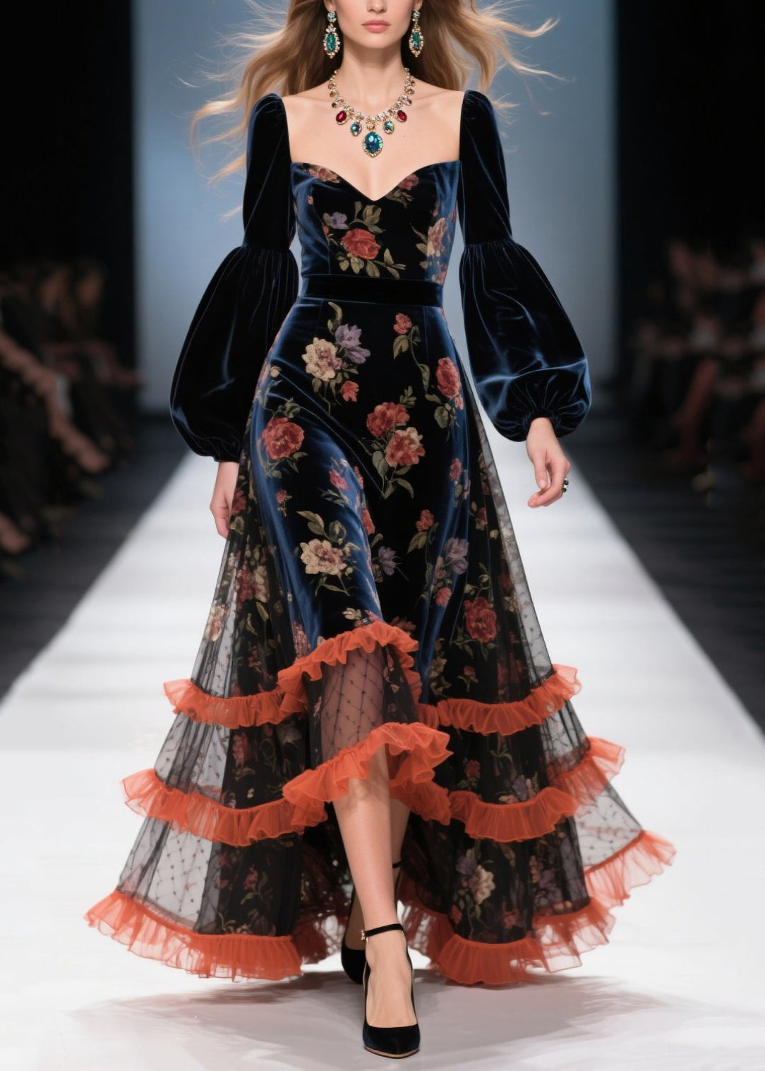 Boutique Tulle Ruffled Print Patchwork Velvet Dress Fall 3
