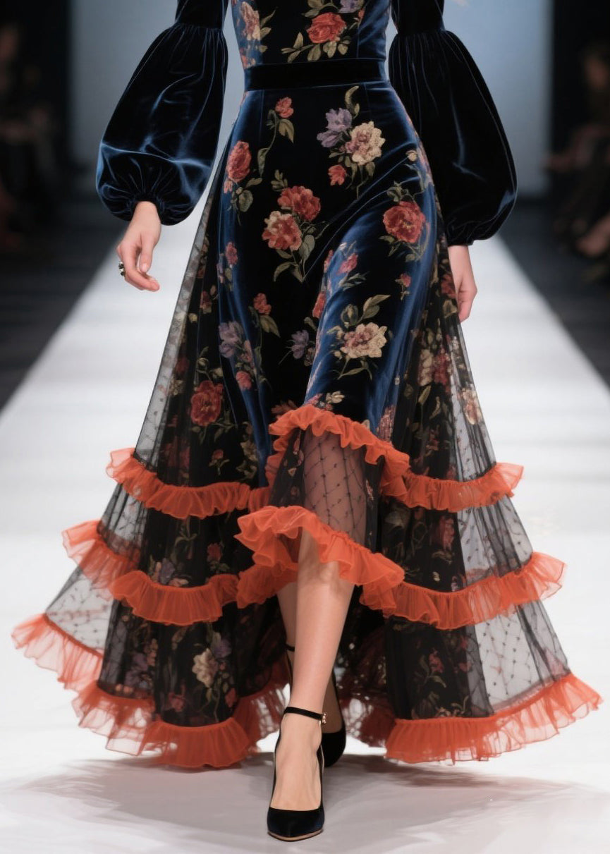 Boutique Tulle Ruffled Print Patchwork Velvet Dress Fall 4