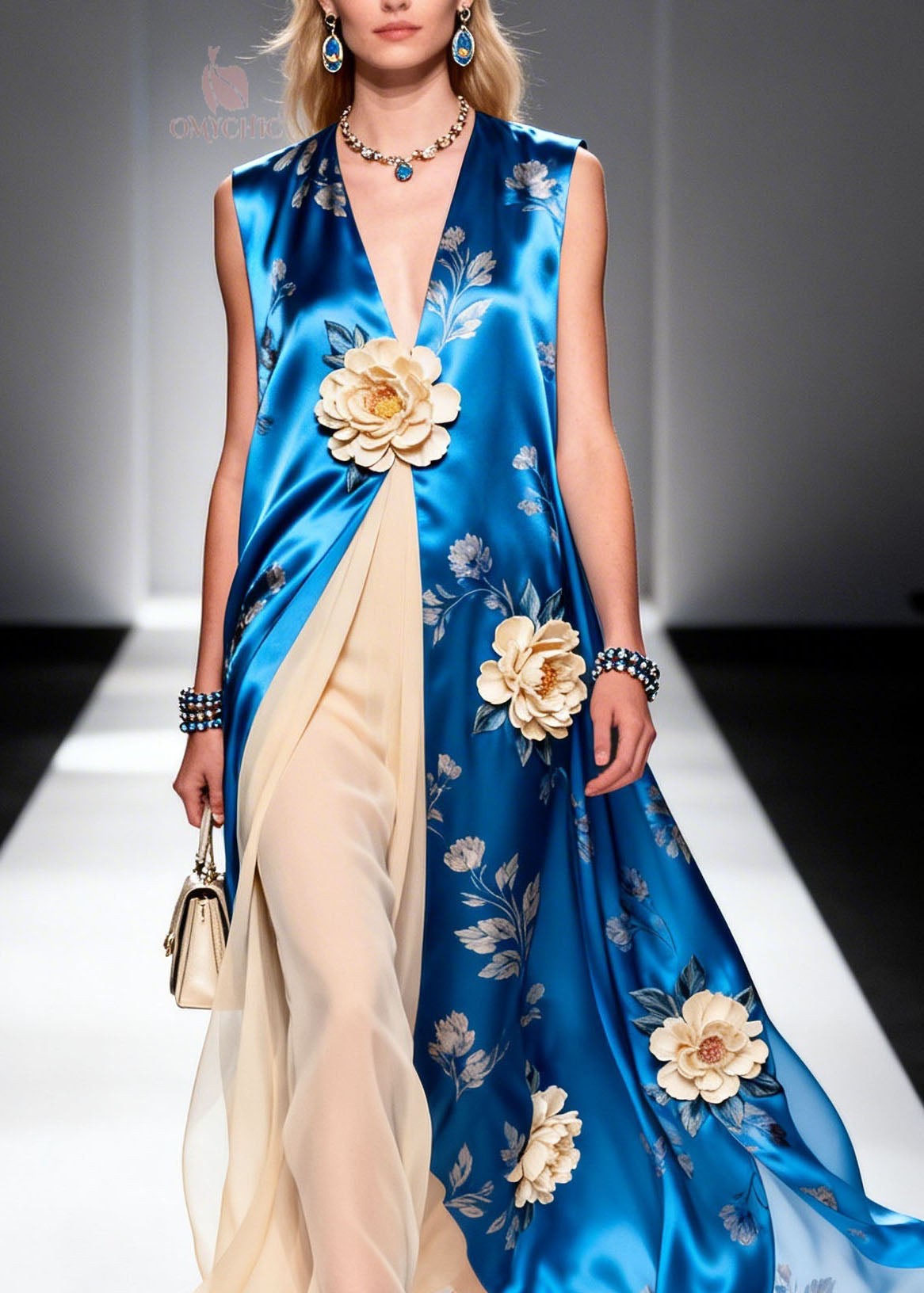 Satin Floral Print Deep V-Neck 3D Floral Applique Tulle Panel Maxi Gown
