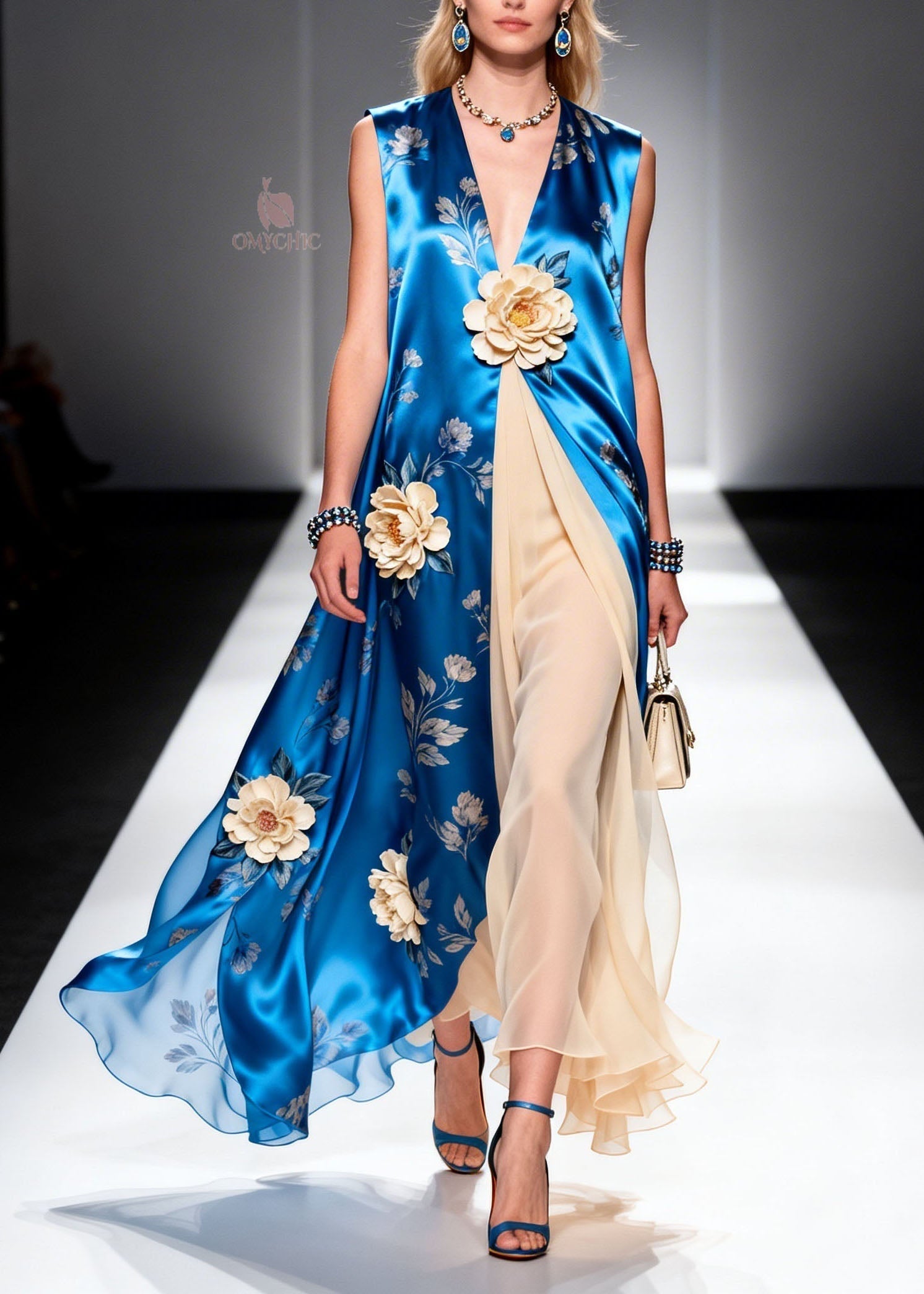 Satin Floral Print Deep V-Neck 3D Floral Applique Tulle Panel Maxi Gown