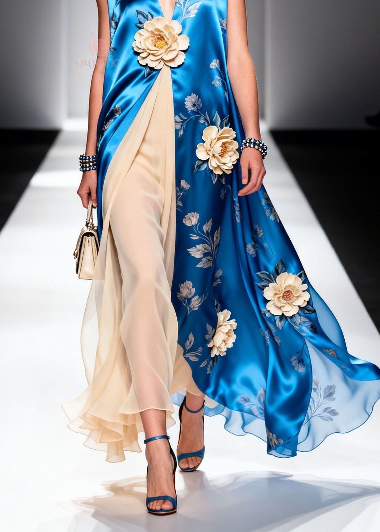 Satin Floral Print Deep V-Neck 3D Floral Applique Tulle Panel Maxi Gown