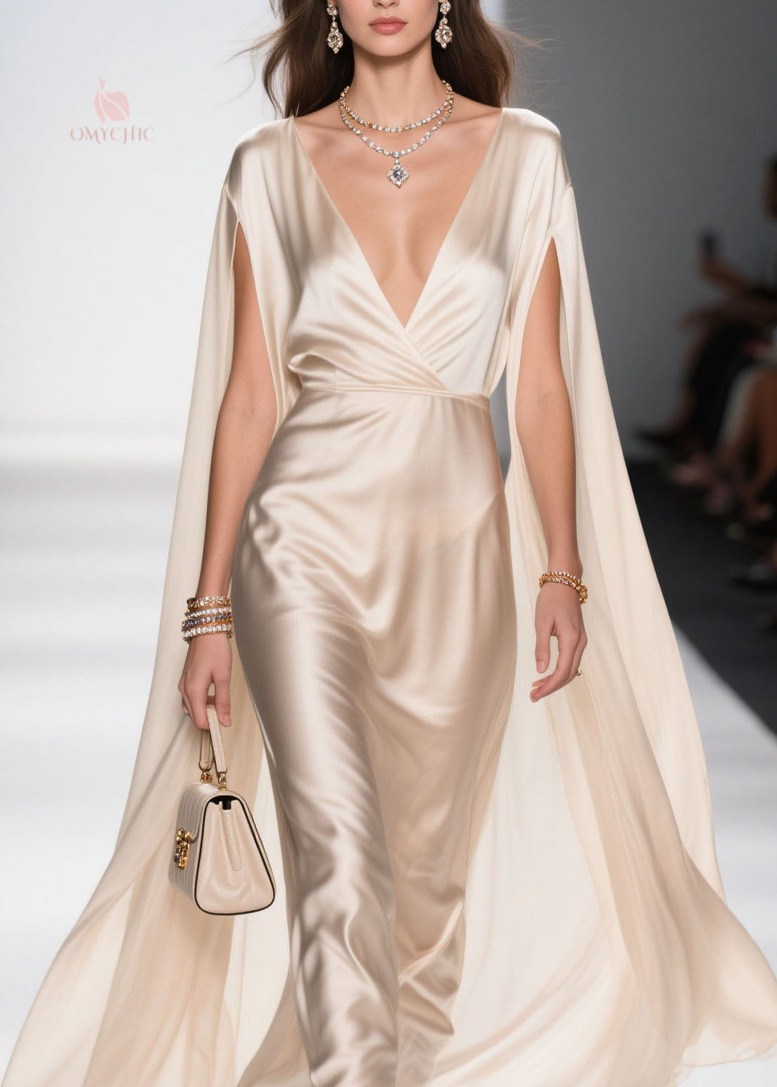 Satin Deep V-Neck Floor Length Cape Sleeve Maxi Gown