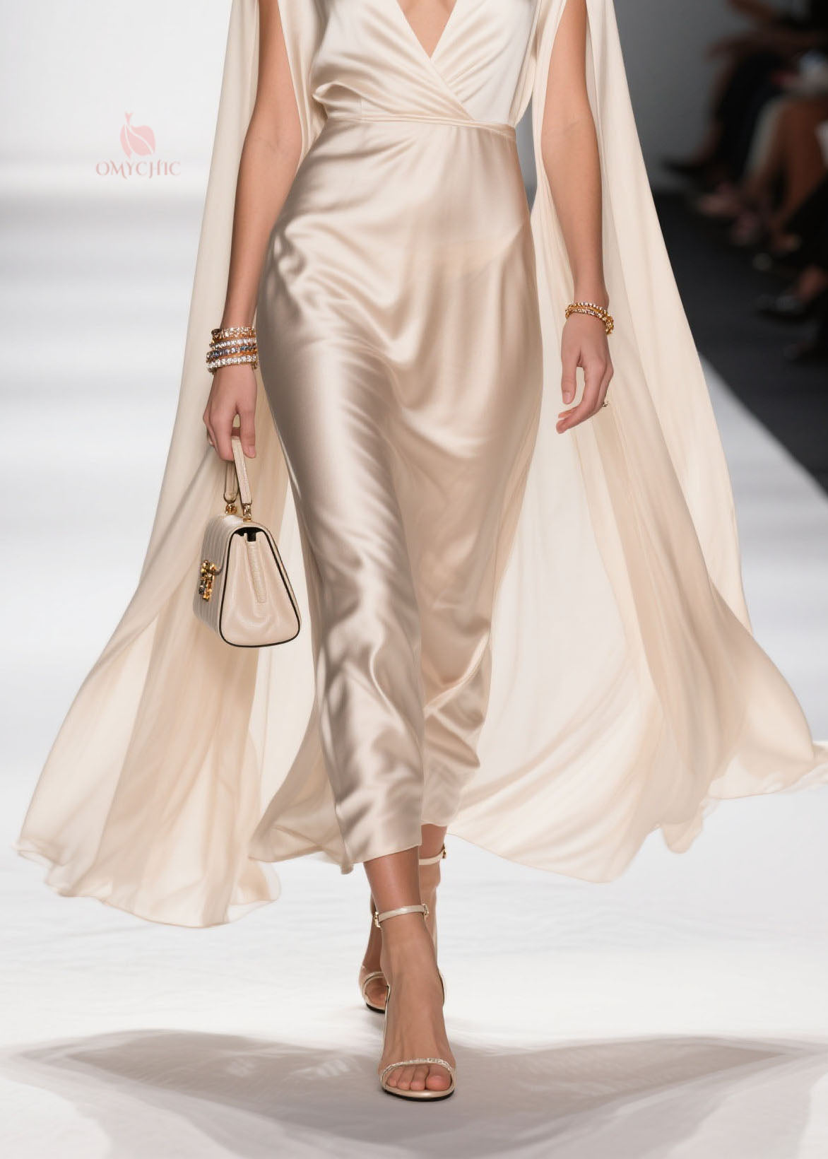 Satin Deep V-Neck Floor Length Cape Sleeve Maxi Gown