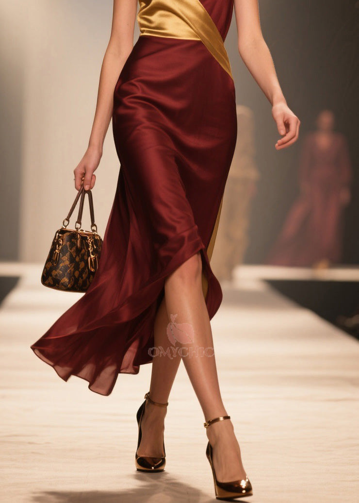 Deep V-Neck Wrap Sleeveless High Split Asymmetrical Hem Satin Midi Dress