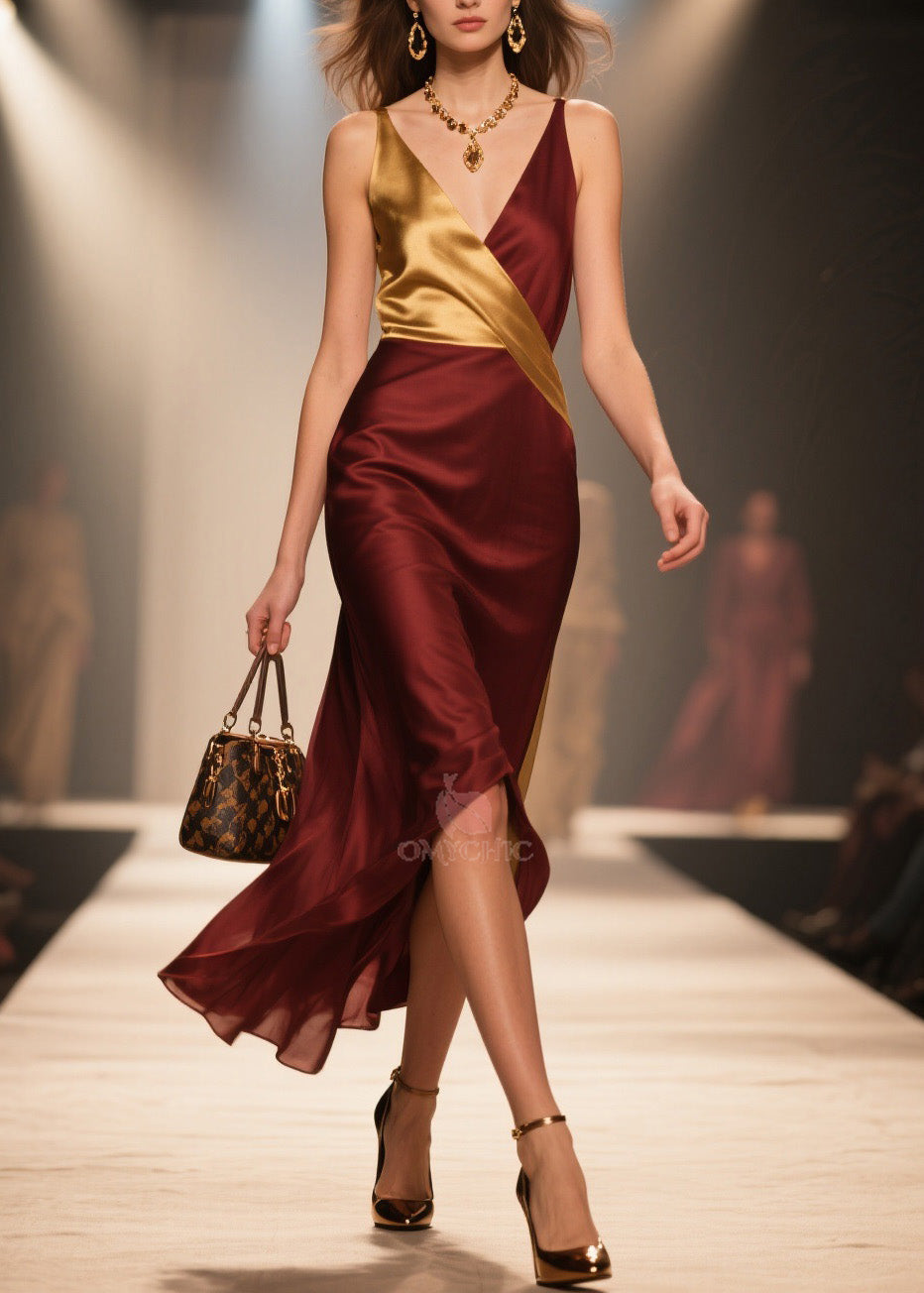 Deep V-Neck Wrap Sleeveless High Split Asymmetrical Hem Satin Midi Dress