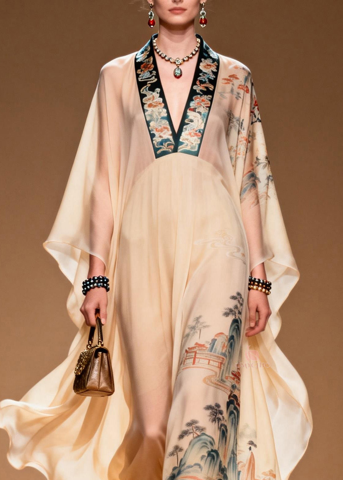 Oriental Landscape Print Deep V-Neck Batwing Sleeve Sheer Chiffon Kaftan Maxi Gown