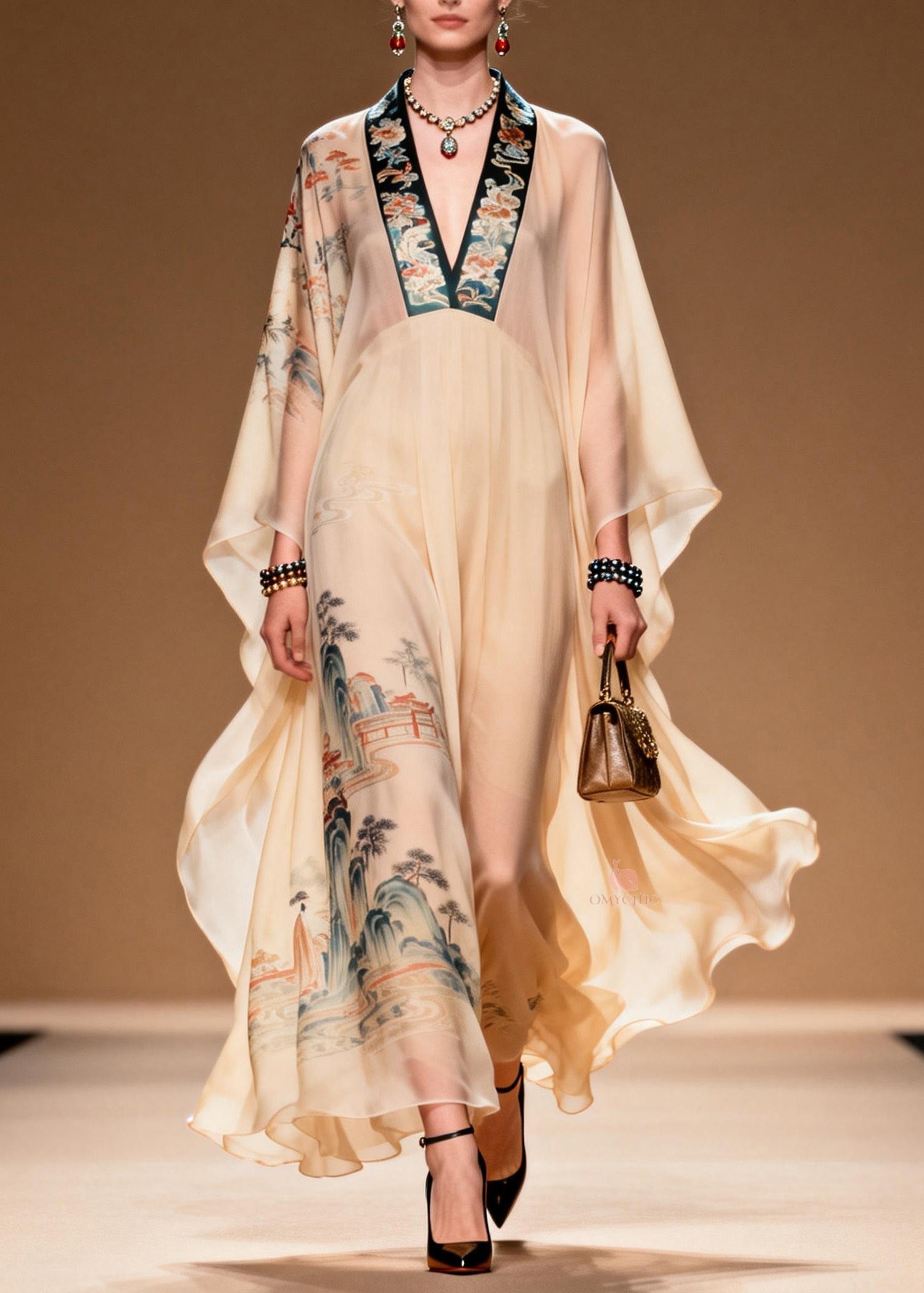 Oriental Landscape Print Deep V-Neck Batwing Sleeve Sheer Chiffon Kaftan Maxi Gown