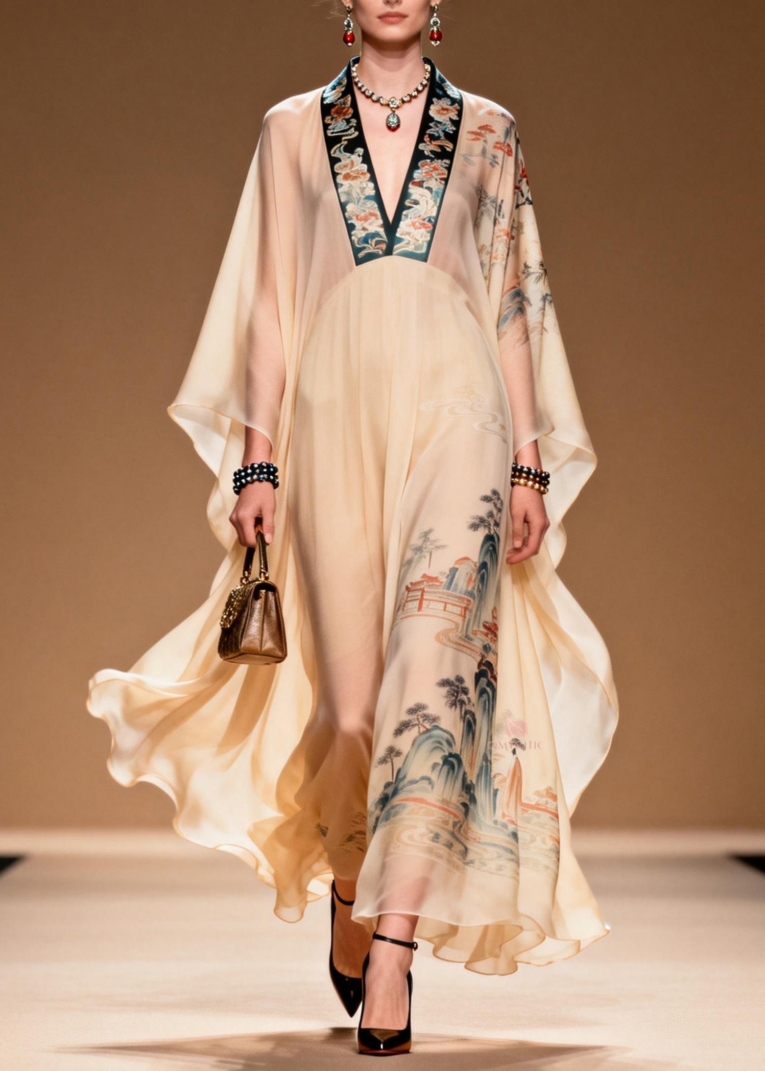 Oriental Landscape Print Deep V-Neck Batwing Sleeve Sheer Chiffon Kaftan Maxi Gown