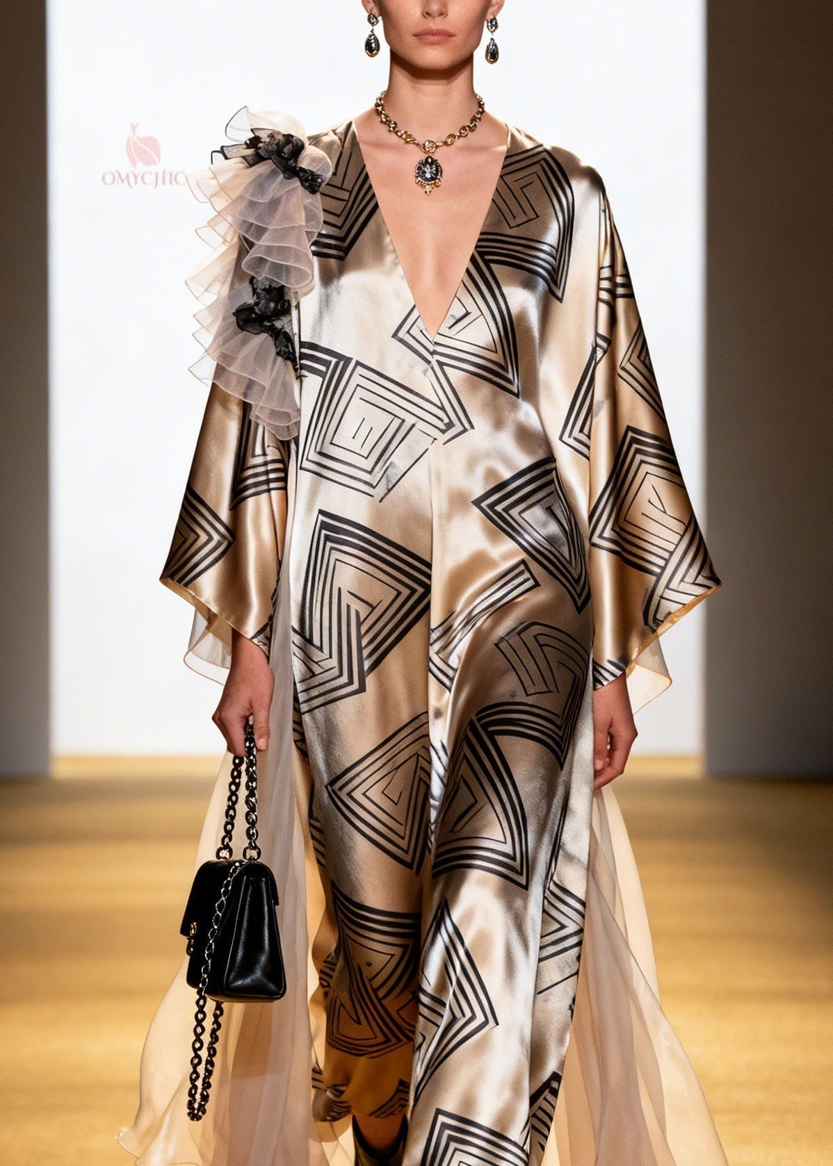 Geometric Print Deep V-Neck Kimono Sleeve Shoulder Ruffle Sheer Overlay Maxi Dress