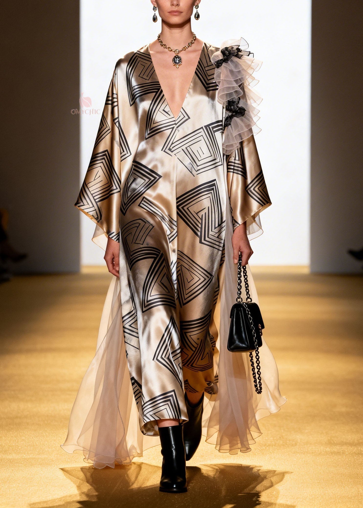 Geometric Print Deep V-Neck Kimono Sleeve Shoulder Ruffle Sheer Overlay Maxi Dress