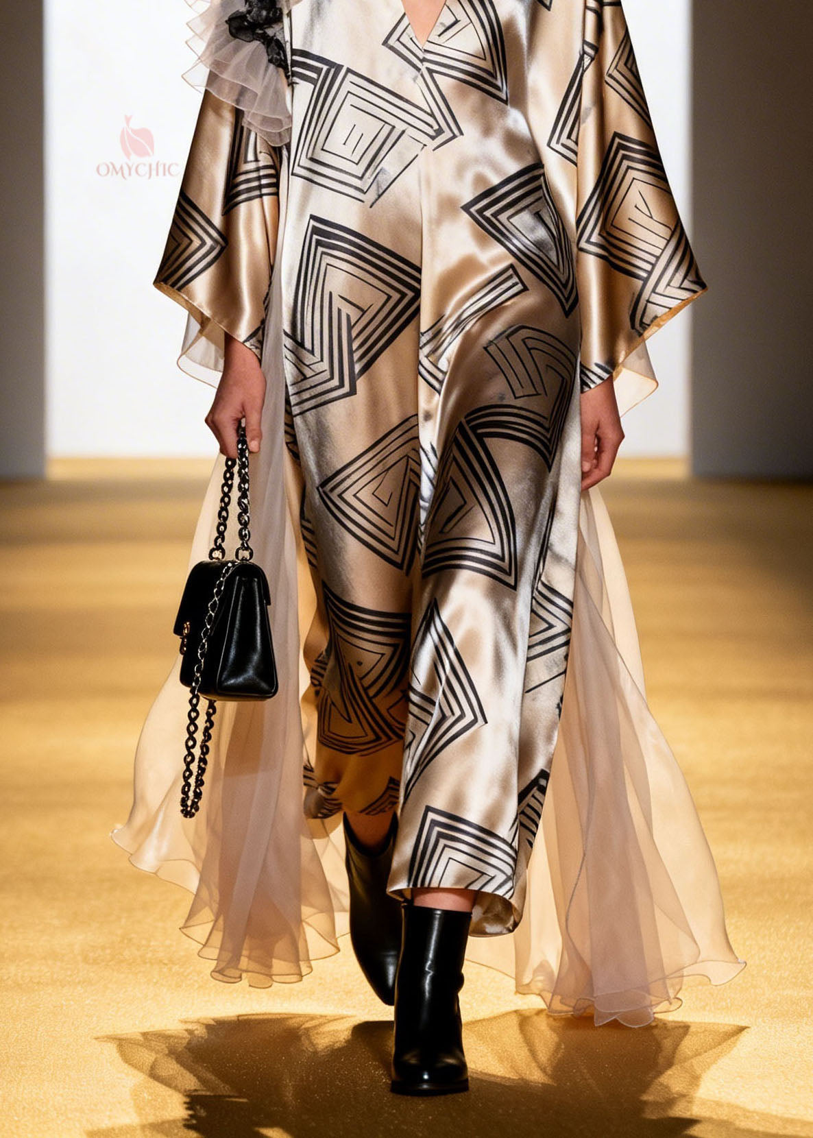 Geometric Print Deep V-Neck Kimono Sleeve Shoulder Ruffle Sheer Overlay Maxi Dress