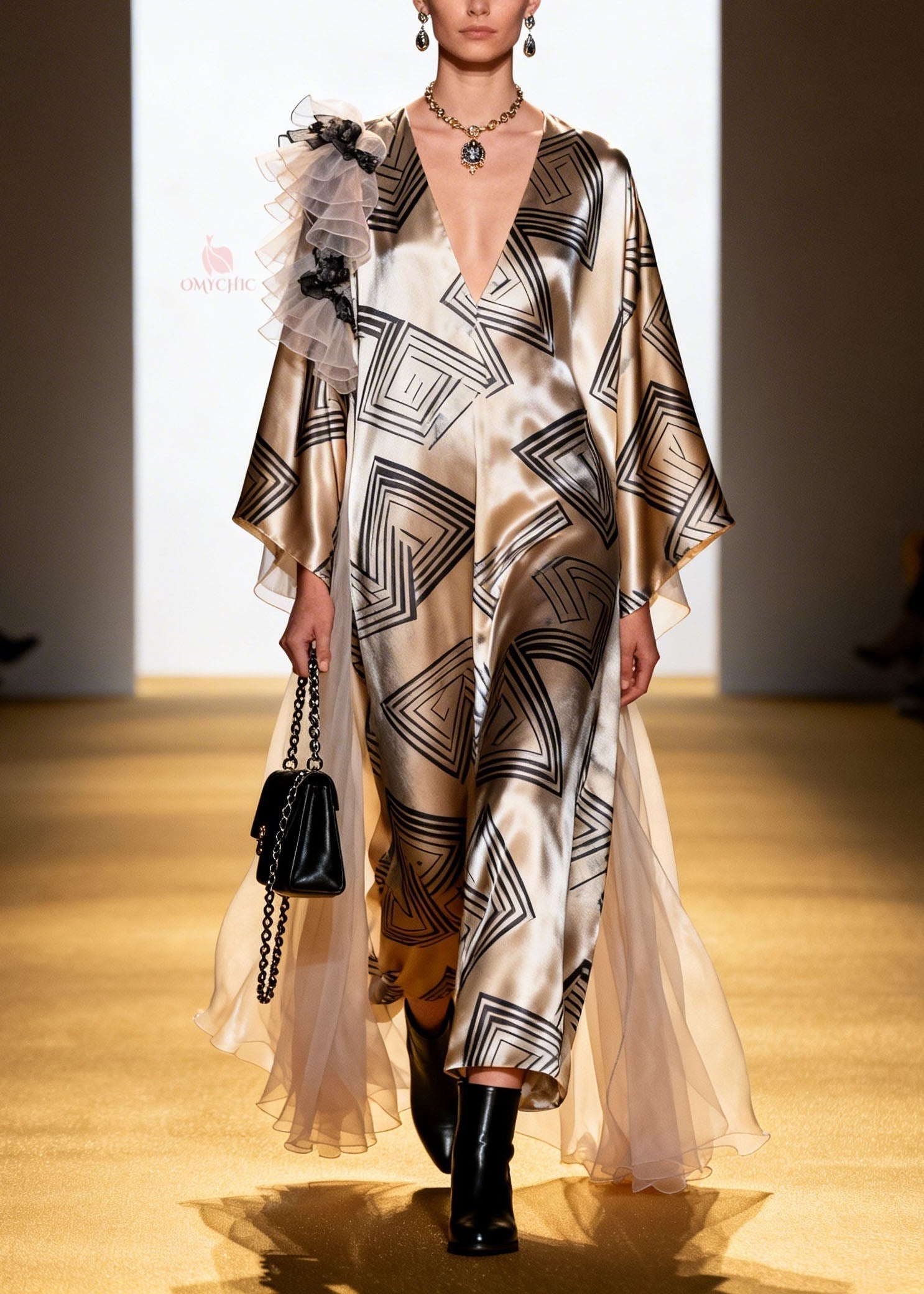 Geometric Print Deep V-Neck Kimono Sleeve Shoulder Ruffle Sheer Overlay Maxi Dress