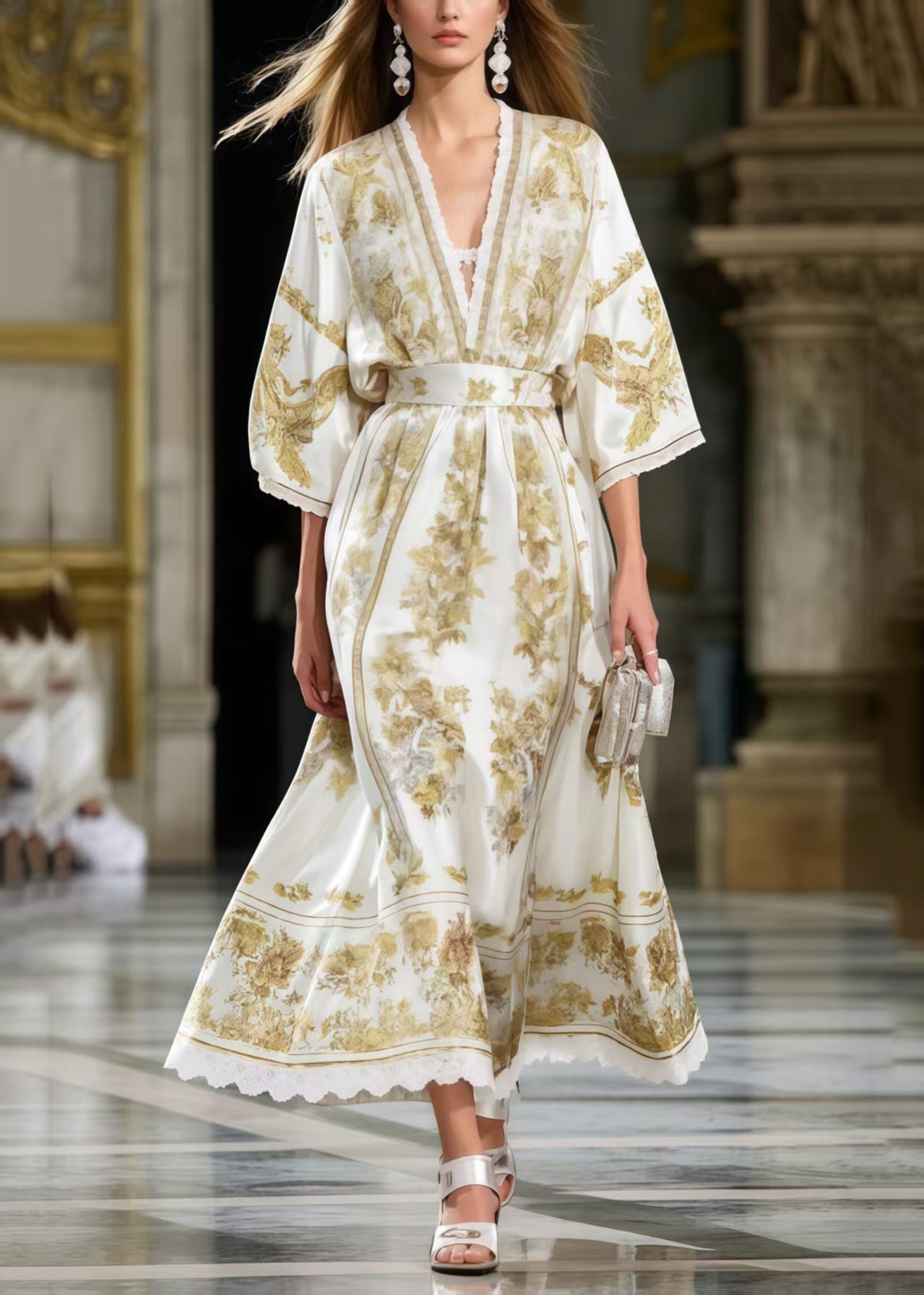 Floral Toile Print Deep V-Neck Lace Trim Kimono Sleeve Sash Belt Maxi Gown