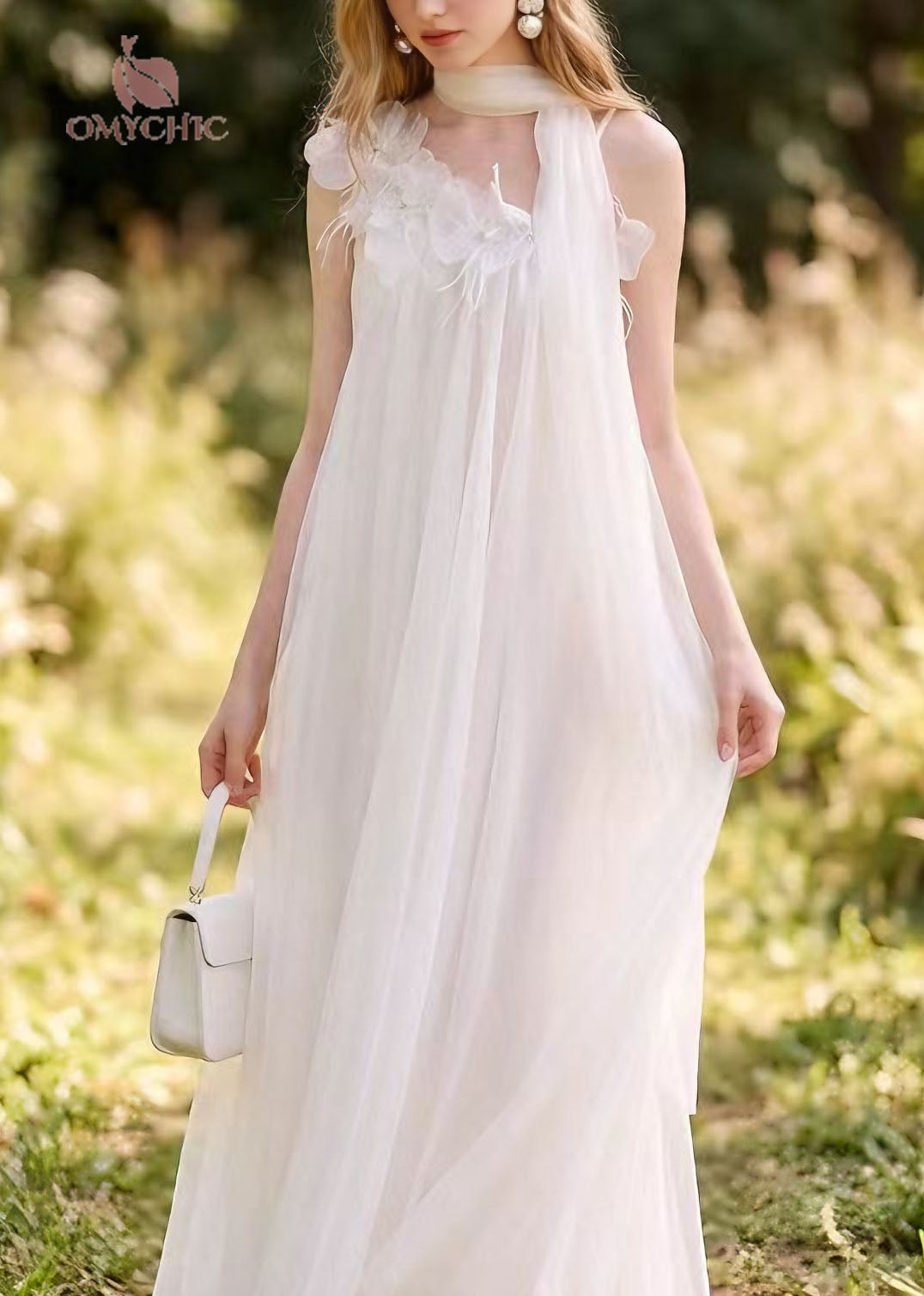 Beaded Floral Appliqué Halter Neck Scarf Tie Sheer Tulle A-Line Maxi Gown