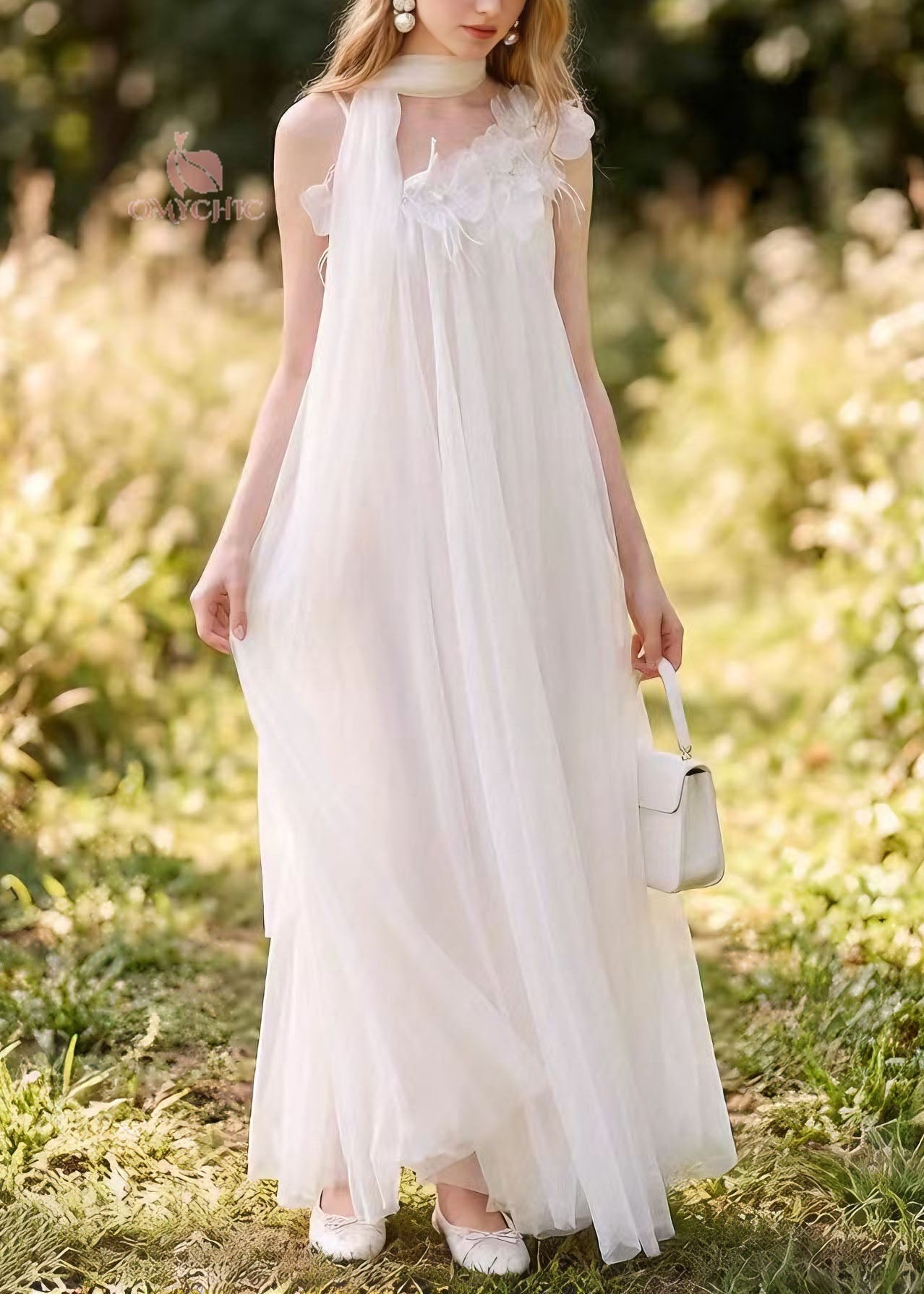 Beaded Floral Appliqué Halter Neck Scarf Tie Sheer Tulle A-Line Maxi Gown