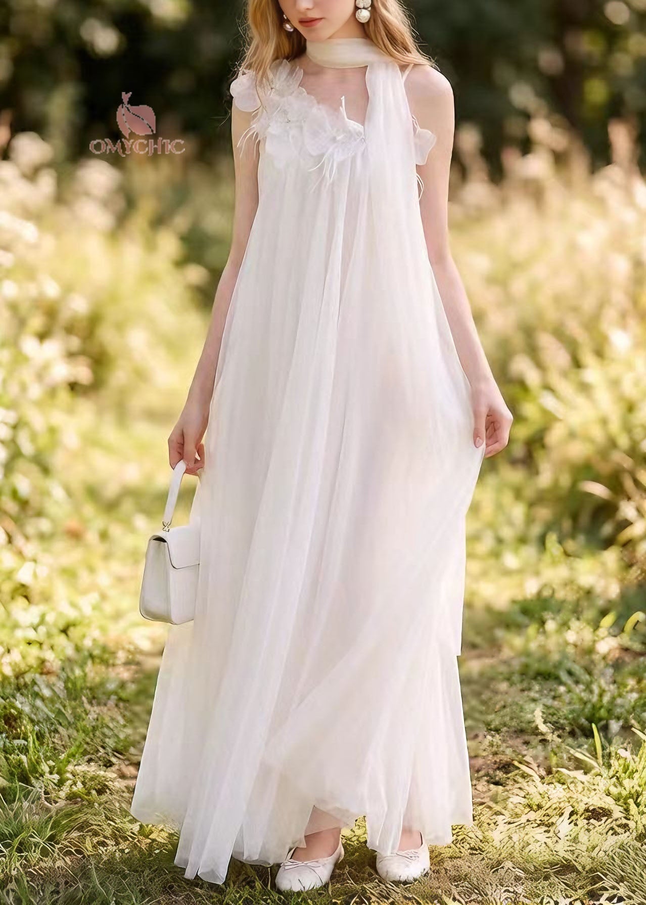 Beaded Floral Appliqué Halter Neck Scarf Tie Sheer Tulle A-Line Maxi Gown