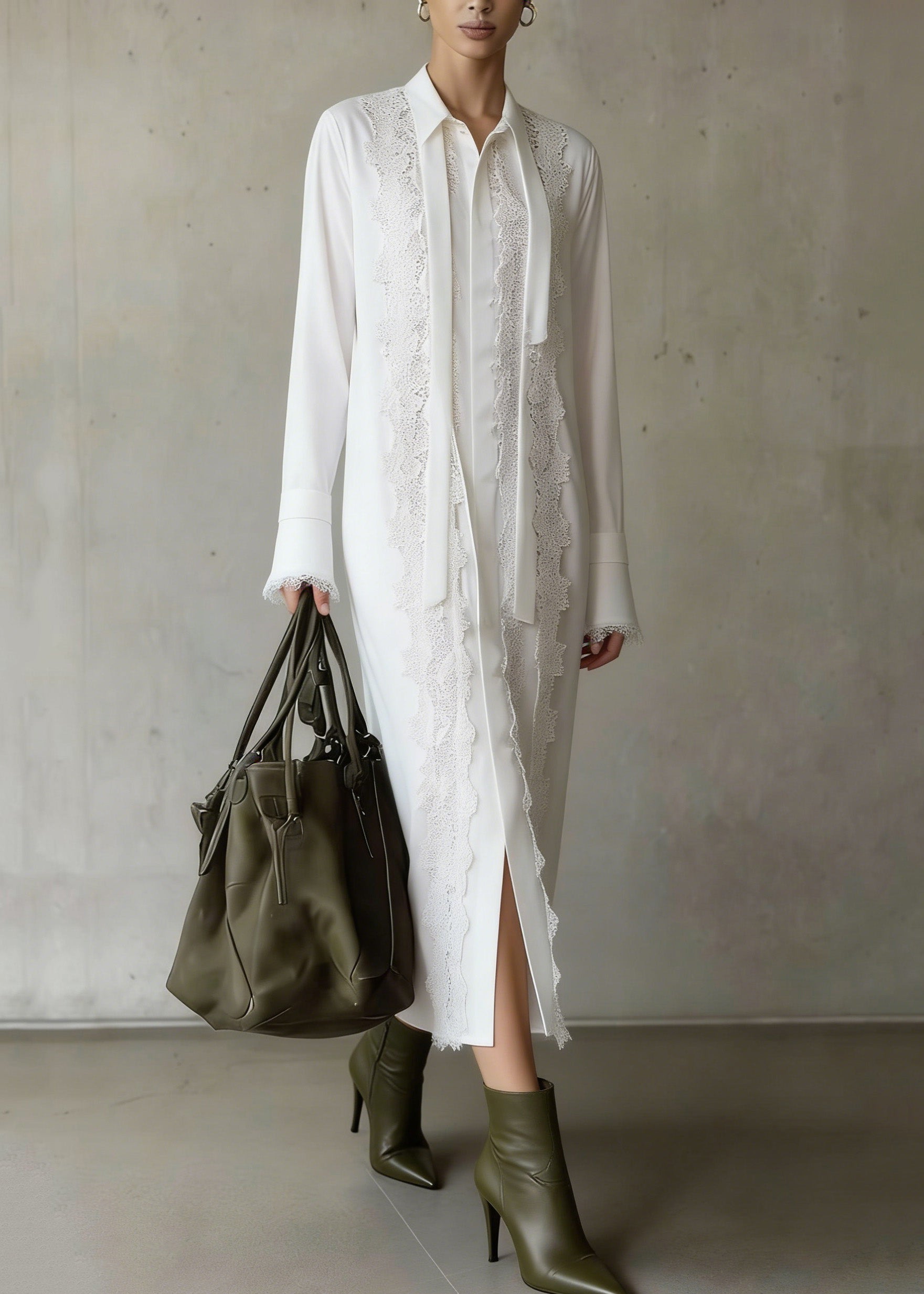 Chiffon Tie Neck Long Sleeve Lace Panel Lace Trim Cuff Midi Shirt Dress