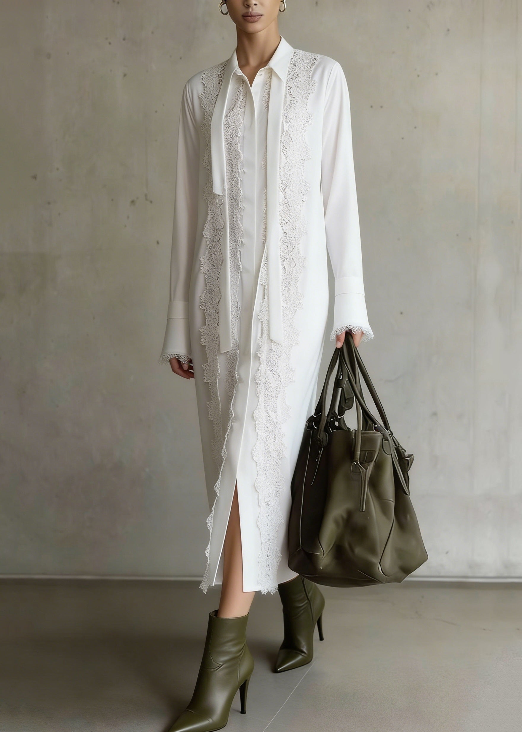 Chiffon Tie Neck Long Sleeve Lace Panel Lace Trim Cuff Midi Shirt Dress