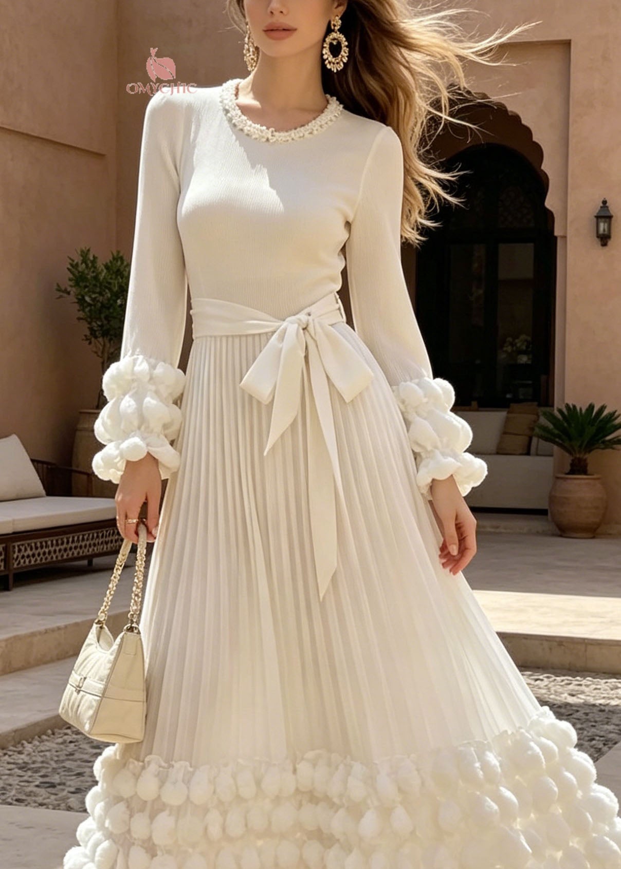 Pearl Trim Round Neck Pom Pom Cuff Rib Knit Pleated Bow Waist Maxi Dress