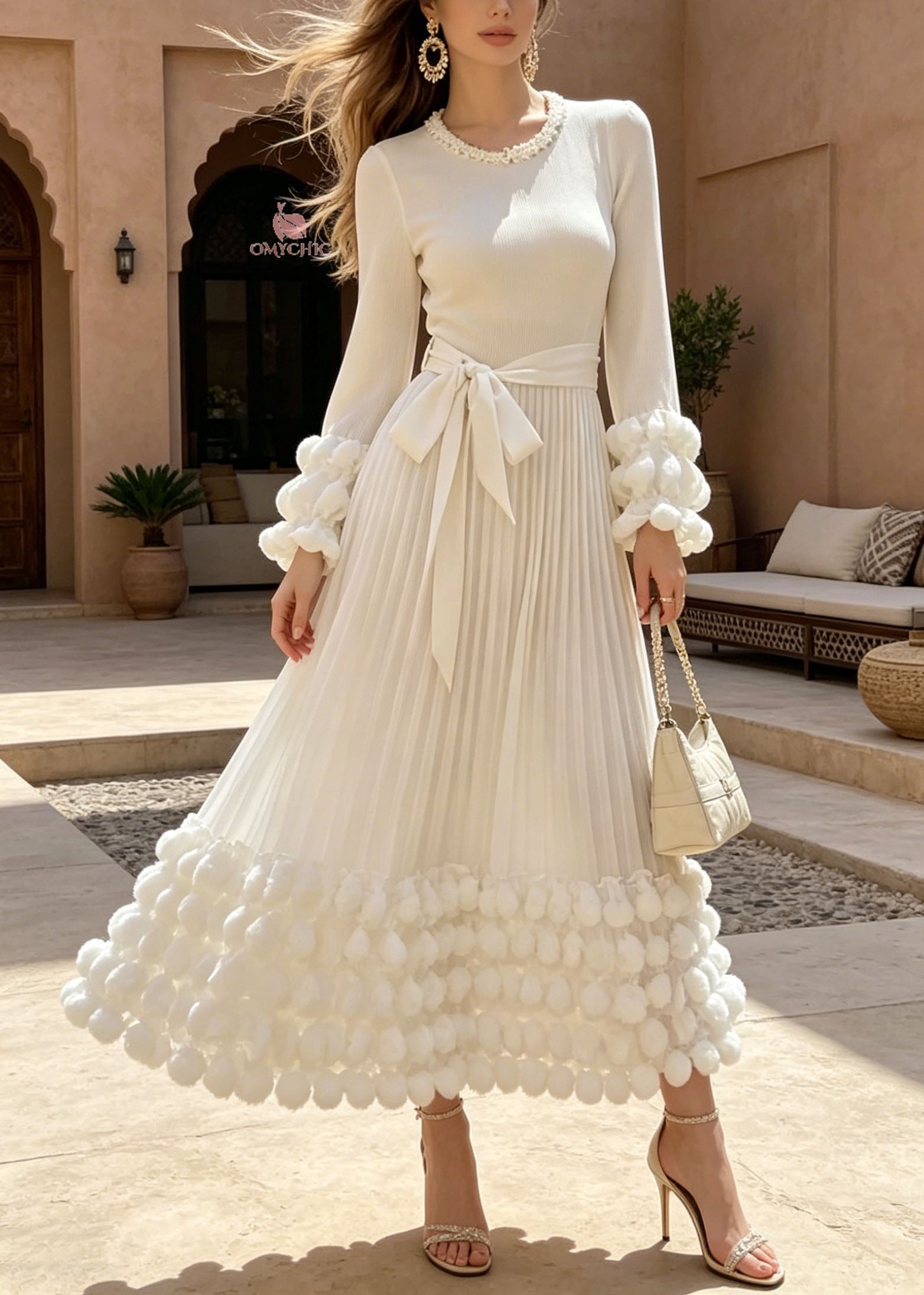 Pearl Trim Round Neck Pom Pom Cuff Rib Knit Pleated Bow Waist Maxi Dress