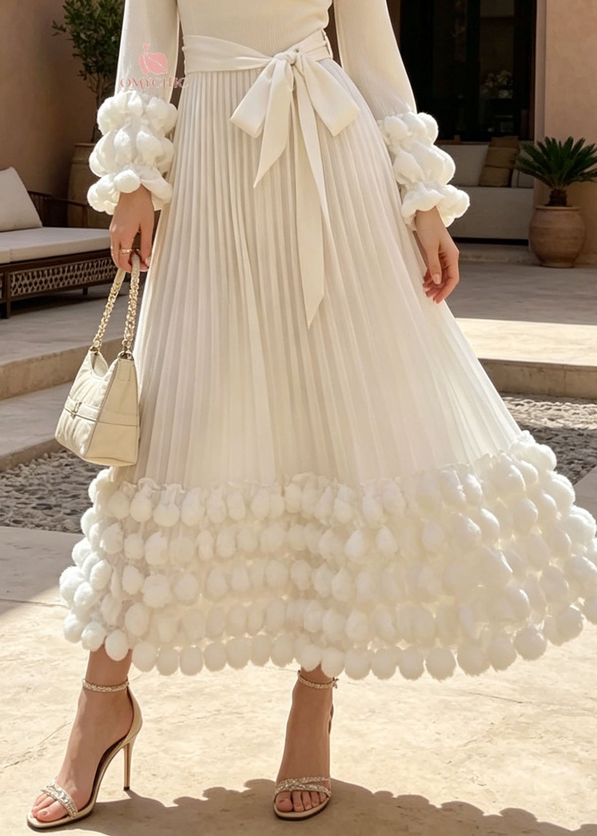 Pearl Trim Round Neck Pom Pom Cuff Rib Knit Pleated Bow Waist Maxi Dress