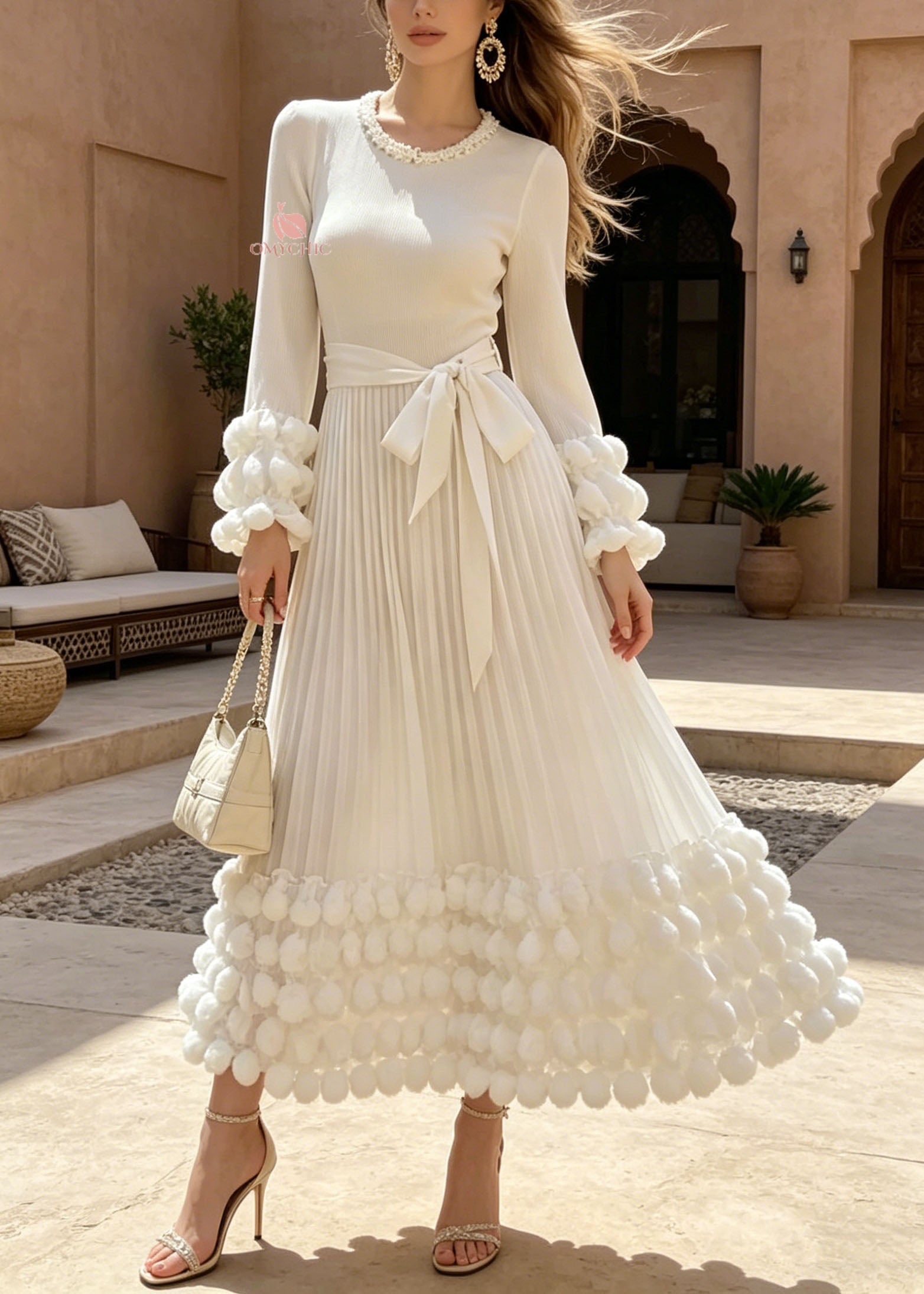 Pearl Trim Round Neck Pom Pom Cuff Rib Knit Pleated Bow Waist Maxi Dress