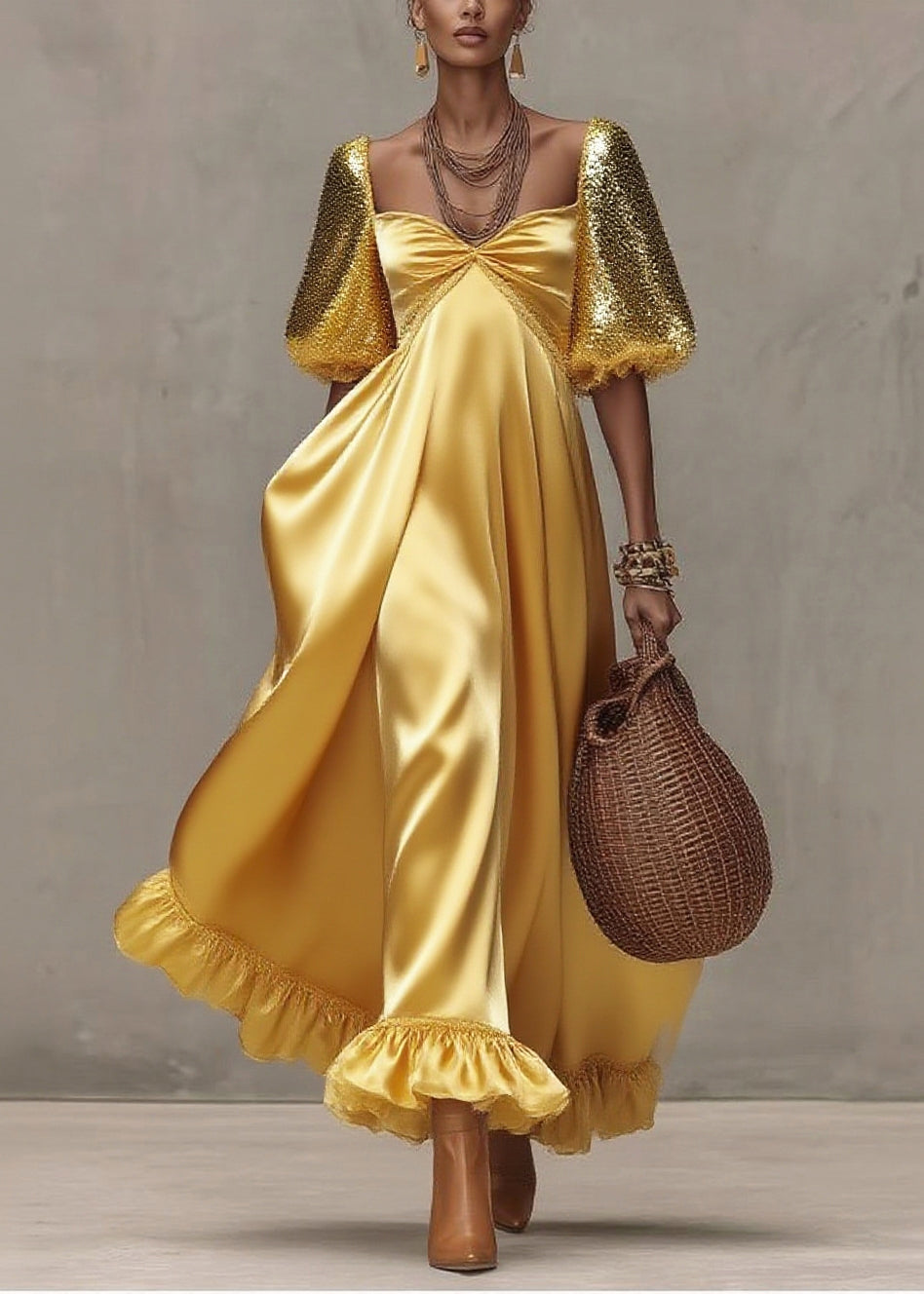 Sequin Puff Sleeve Sweetheart Neck Empire Waist Ruffle Hem Maxi Gown