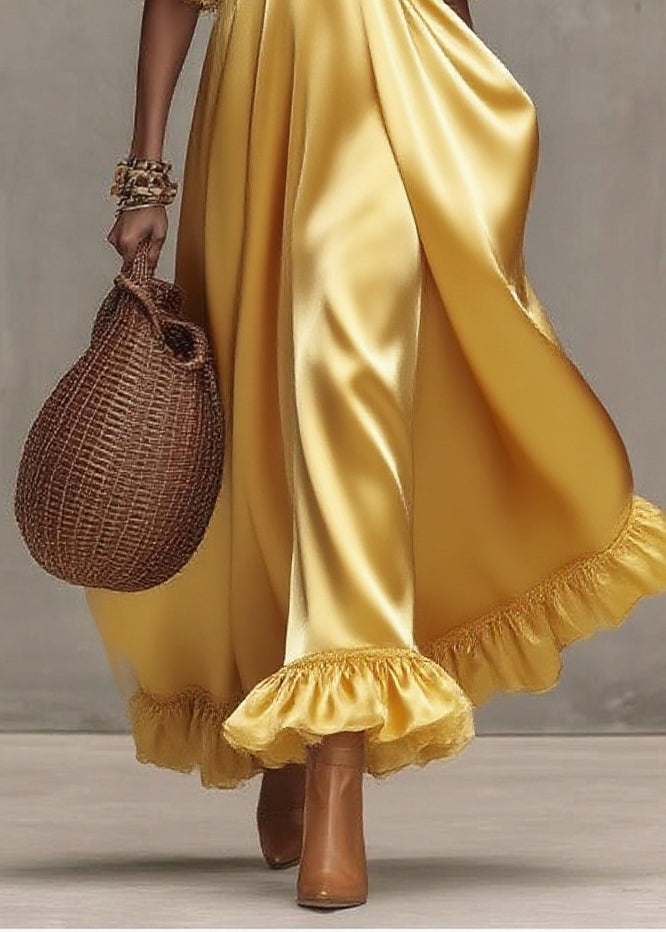 Sequin Puff Sleeve Sweetheart Neck Empire Waist Ruffle Hem Maxi Gown