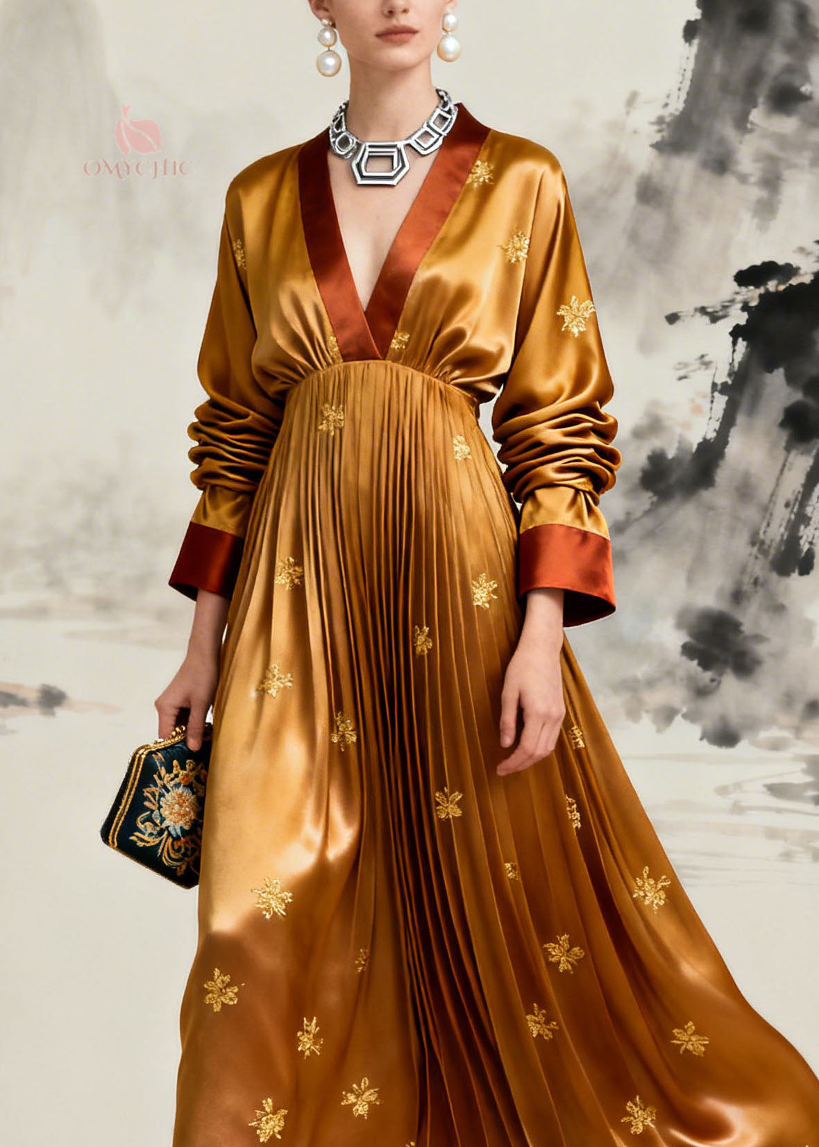 Boutique Yellow V Neck Jacquard Wrinkled Silk Maxi Dress Long Sleeve 2