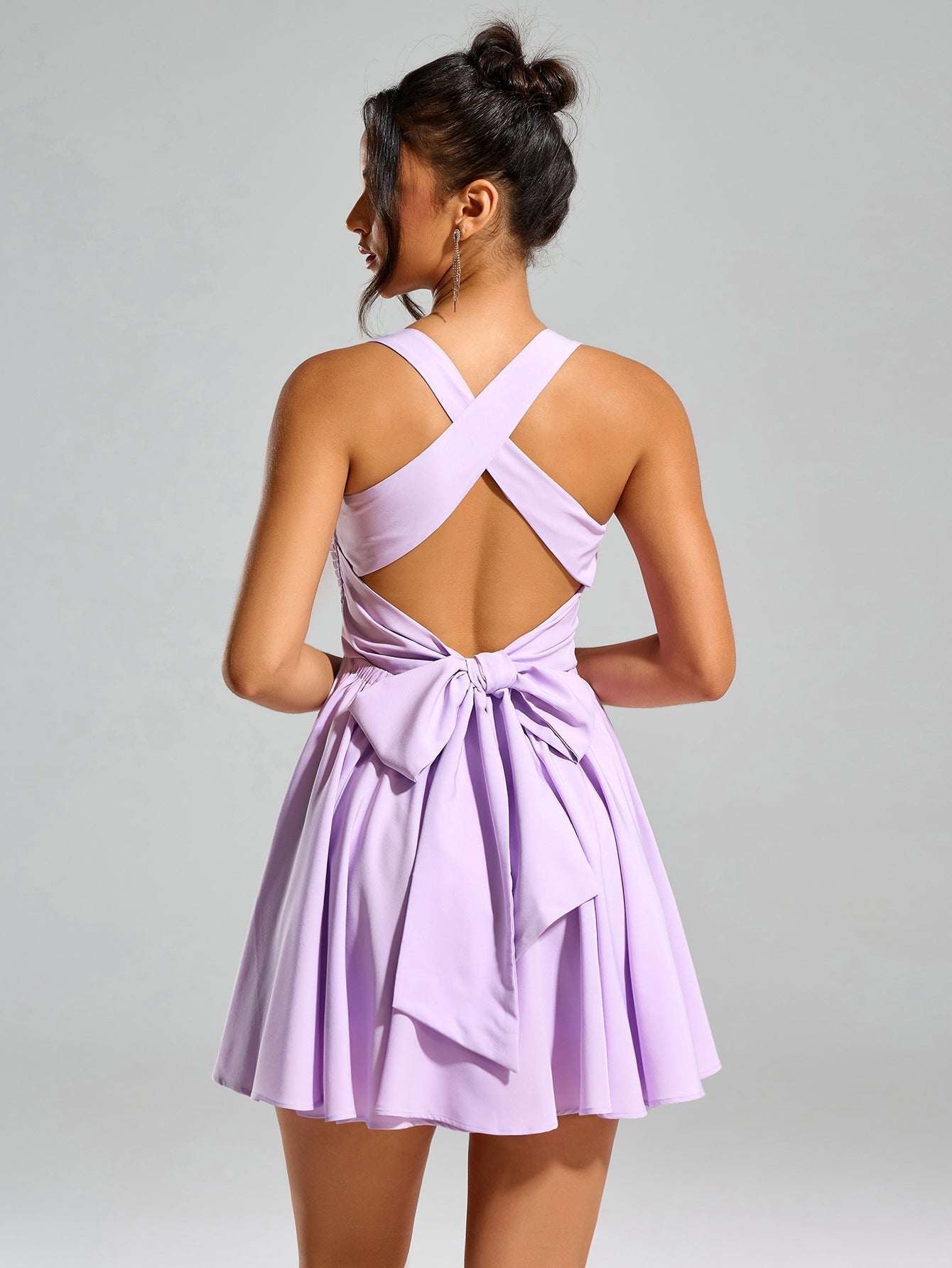Smocked Square Neck Ruffle Trim Back Bow Tie Fit and Flare Mini Dress