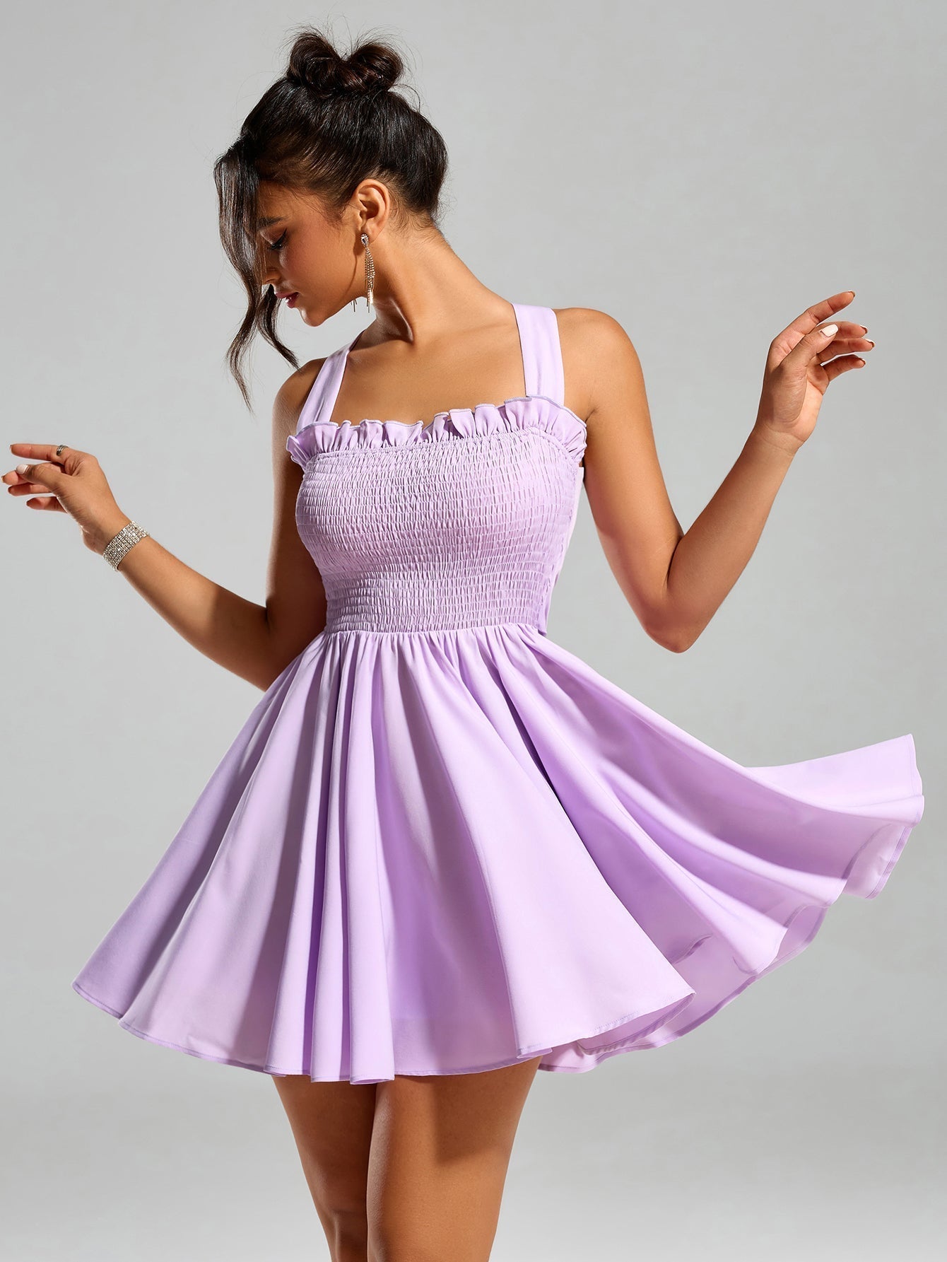 Smocked Square Neck Ruffle Trim Back Bow Tie Fit and Flare Mini Dress