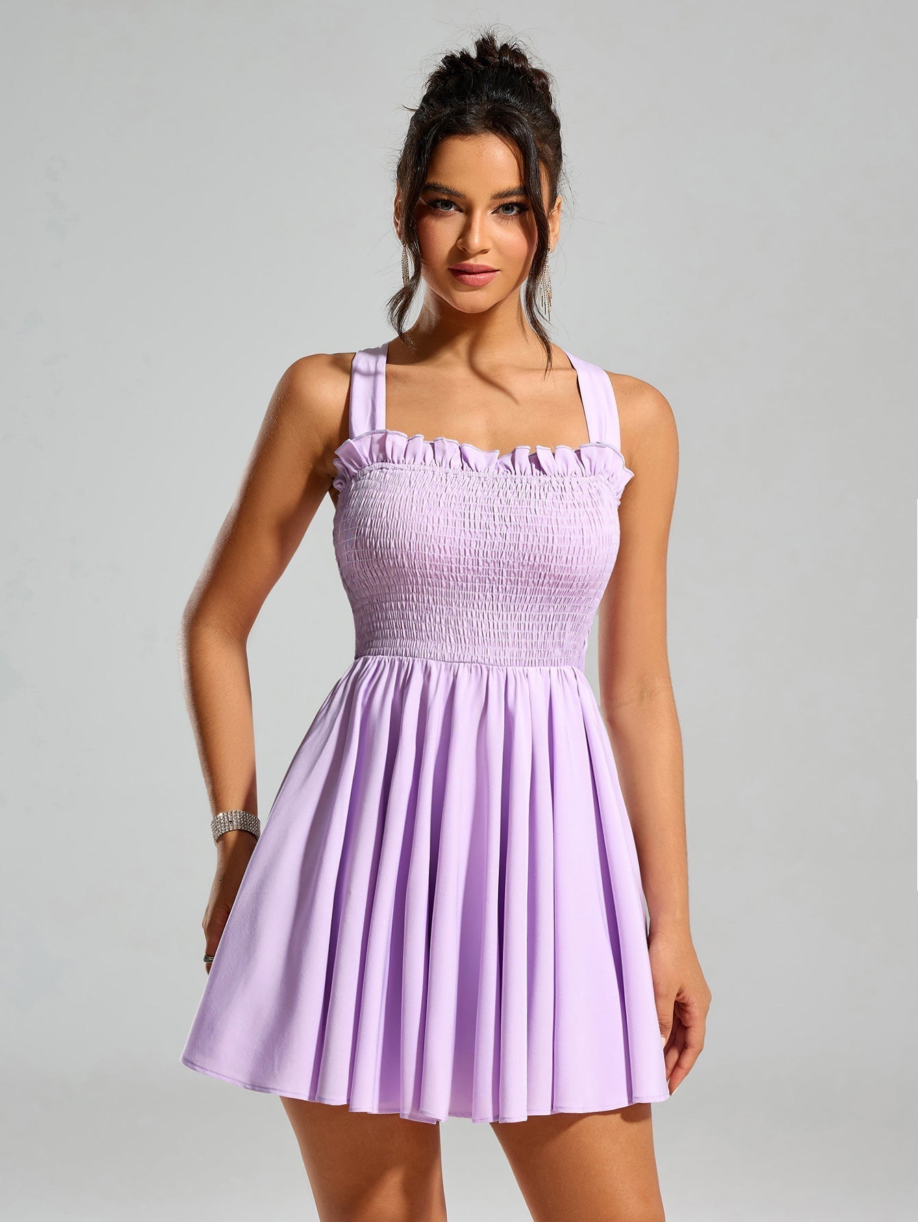 Smocked Square Neck Ruffle Trim Back Bow Tie Fit and Flare Mini Dress