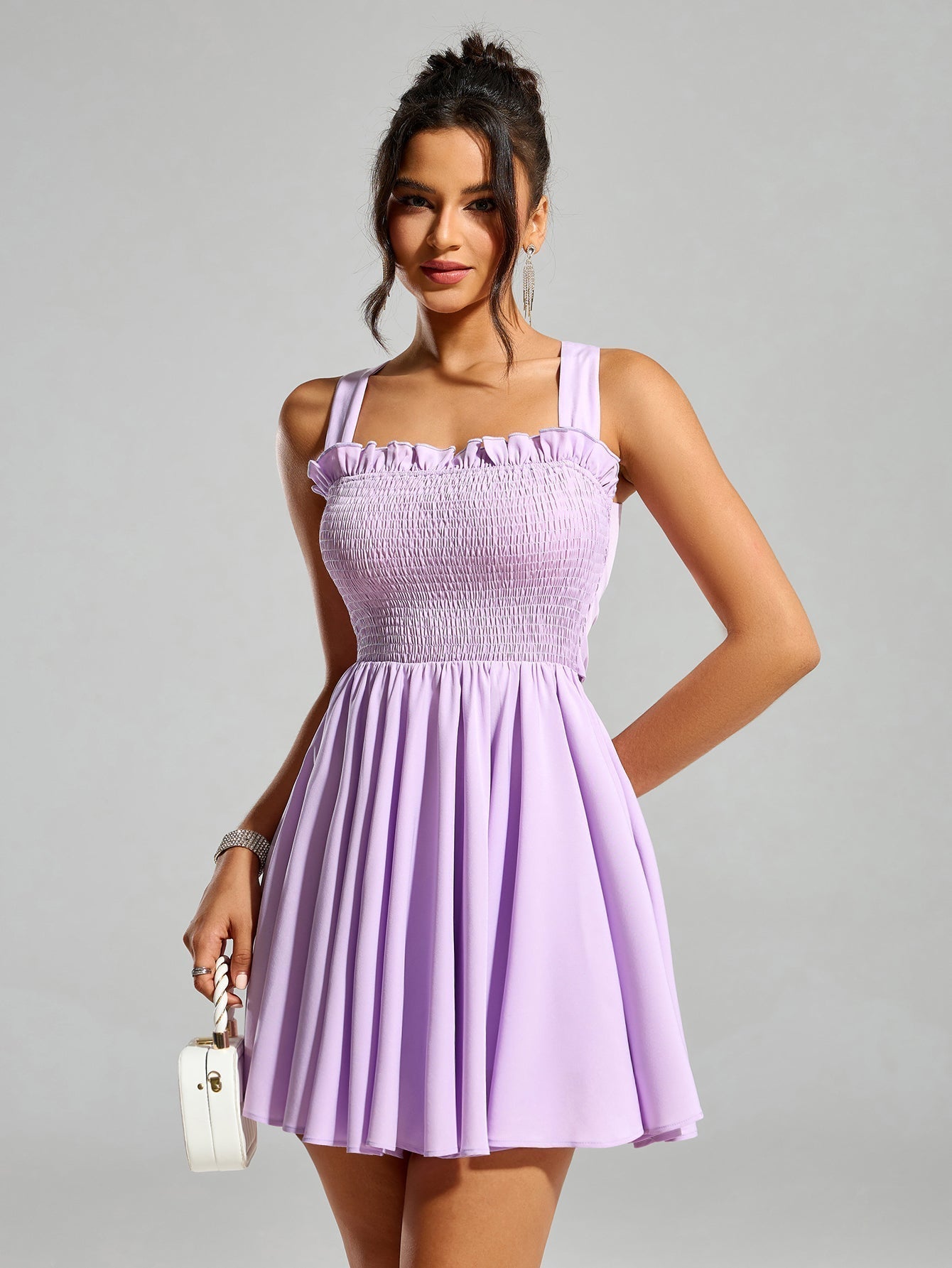 Smocked Square Neck Ruffle Trim Back Bow Tie Fit and Flare Mini Dress