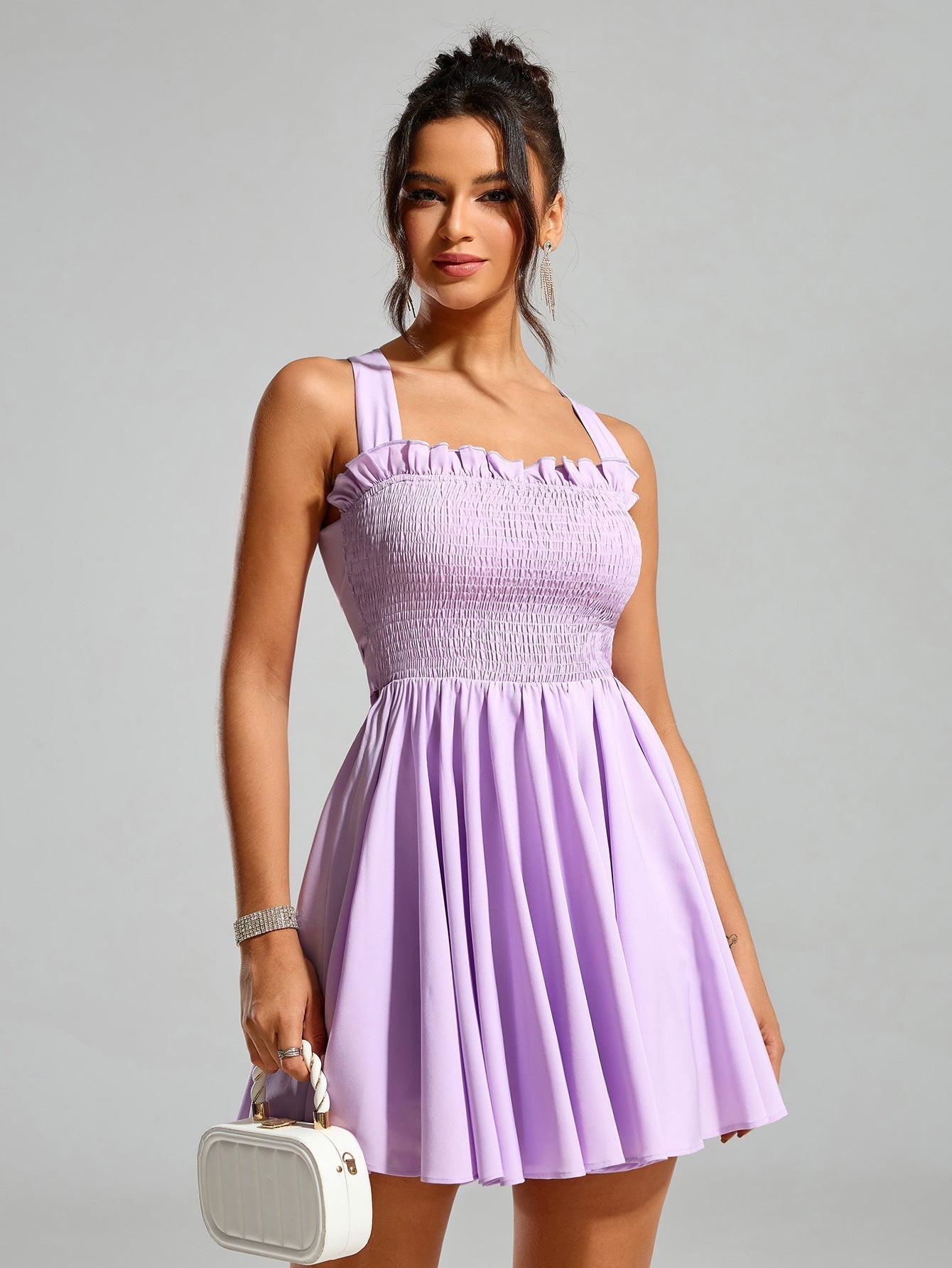 Smocked Square Neck Ruffle Trim Back Bow Tie Fit and Flare Mini Dress