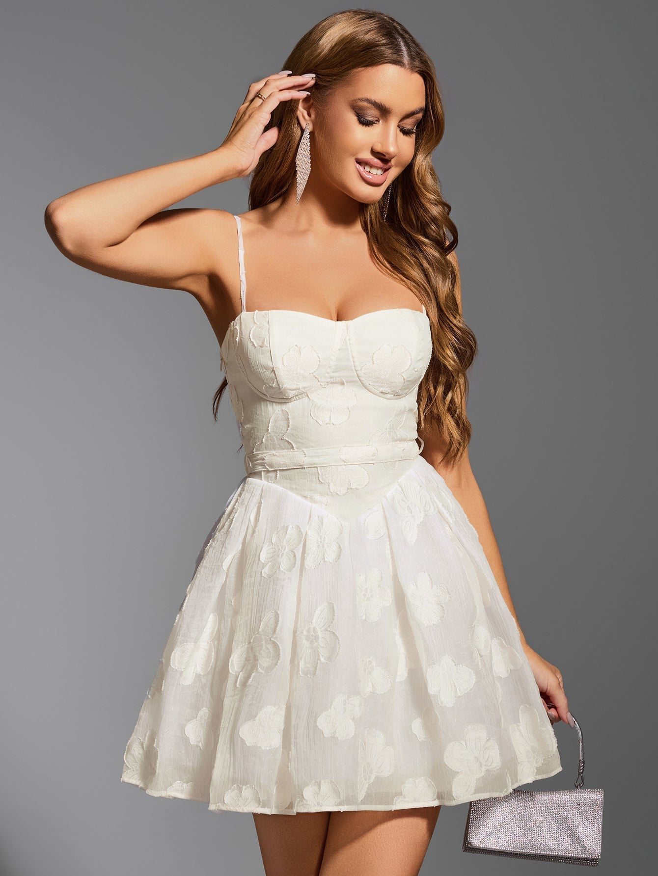 Floral Jacquard Spaghetti Strap Sweetheart Corset A-Line Mini Dress