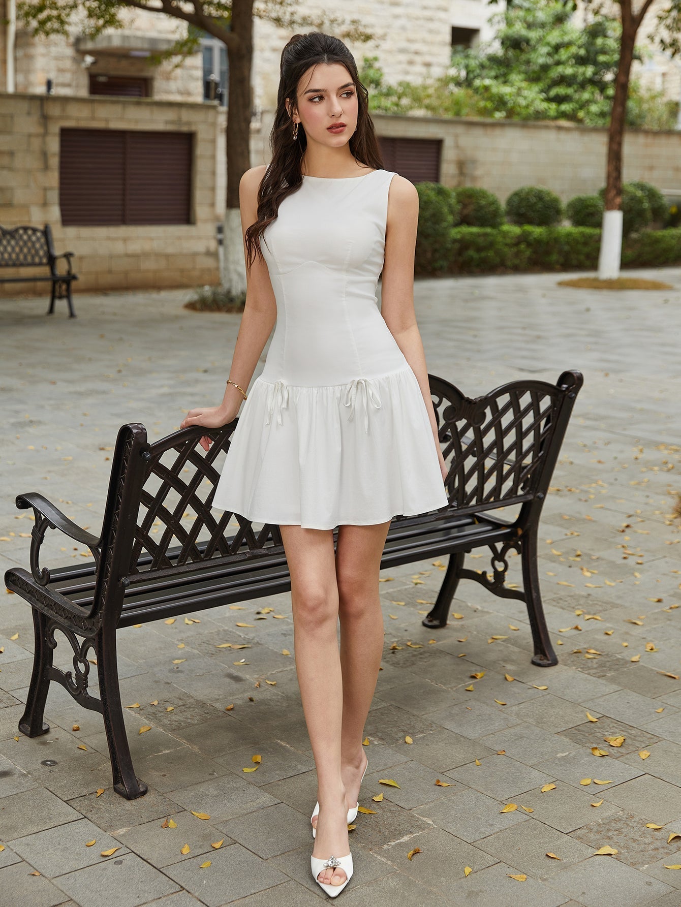 Boat Neck Sleeveless Drop Waist Bow Tie Pleated Mini Dress
