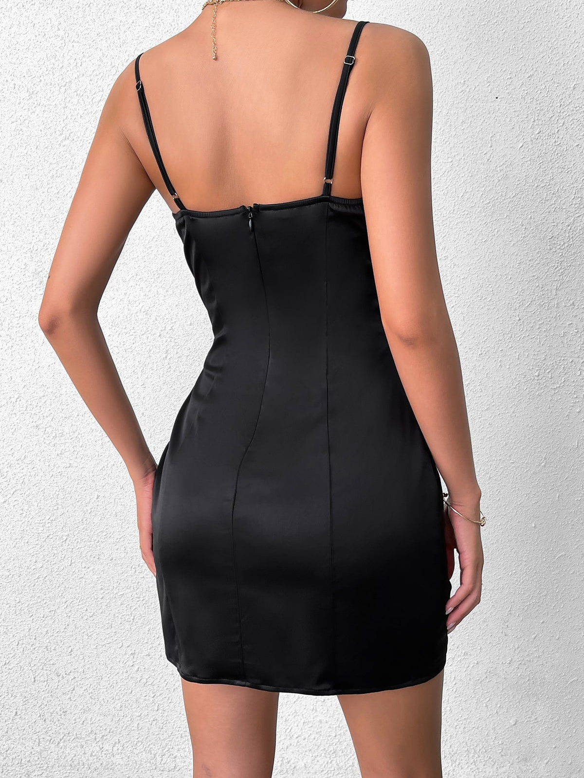 Satin Square Neck Bow Front Spaghetti Strap Bodycon Mini Dress 2
