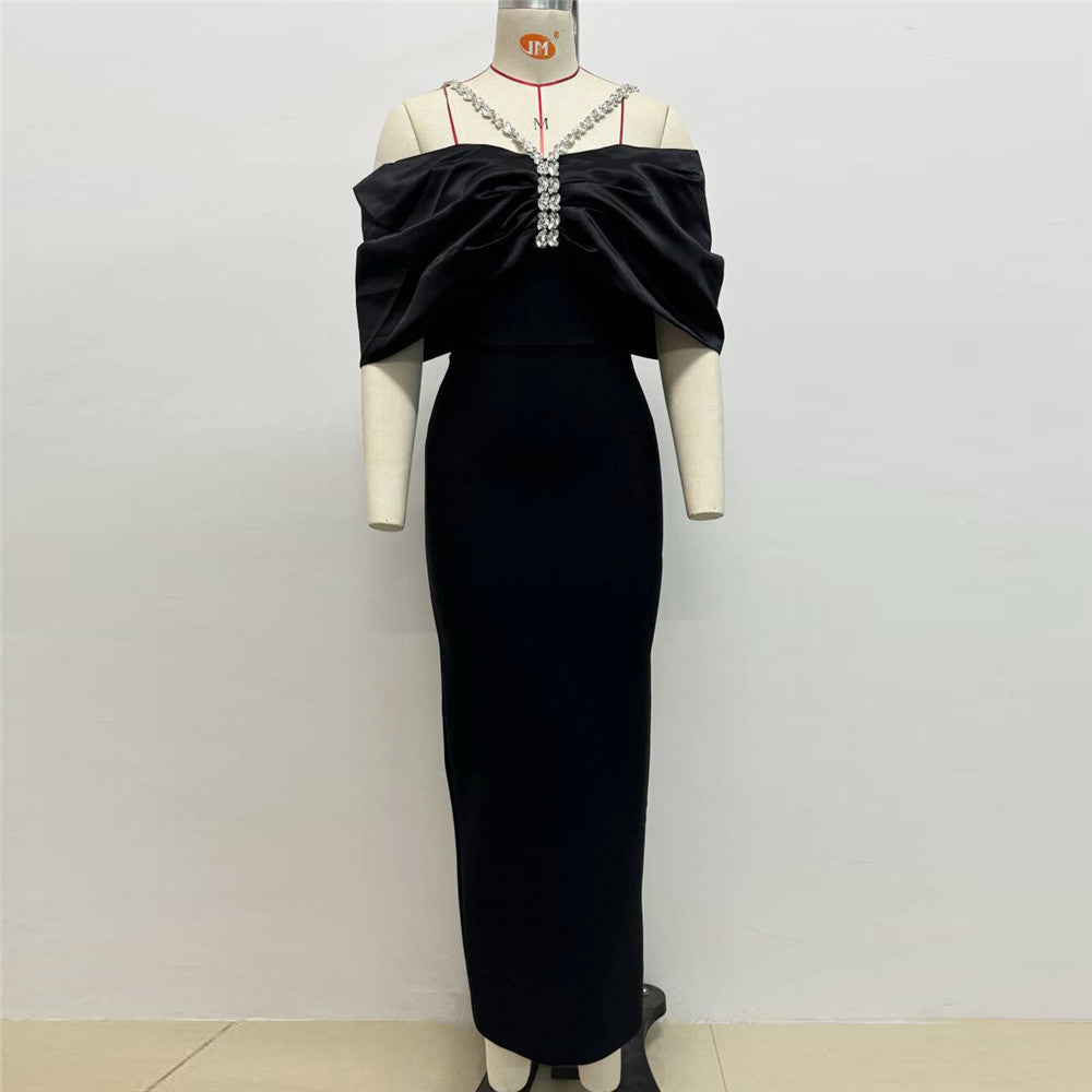 Rhinestone Bow Off Shoulder Crystal Strap Ruched Bodycon Maxi Gown